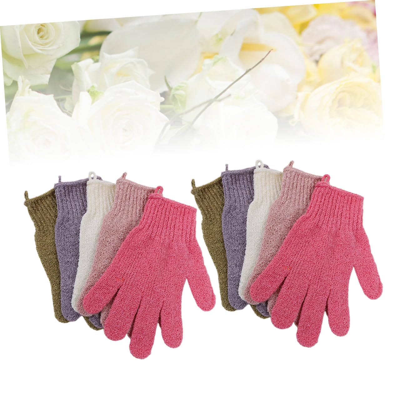5 Pairs Double-sided Thickened Five-finger Scrub Gloves for Shower Bath Body Exfoliating Stretchy Universal Size with Convenient Hanging Lanyard Machine Washable Mixed Colors