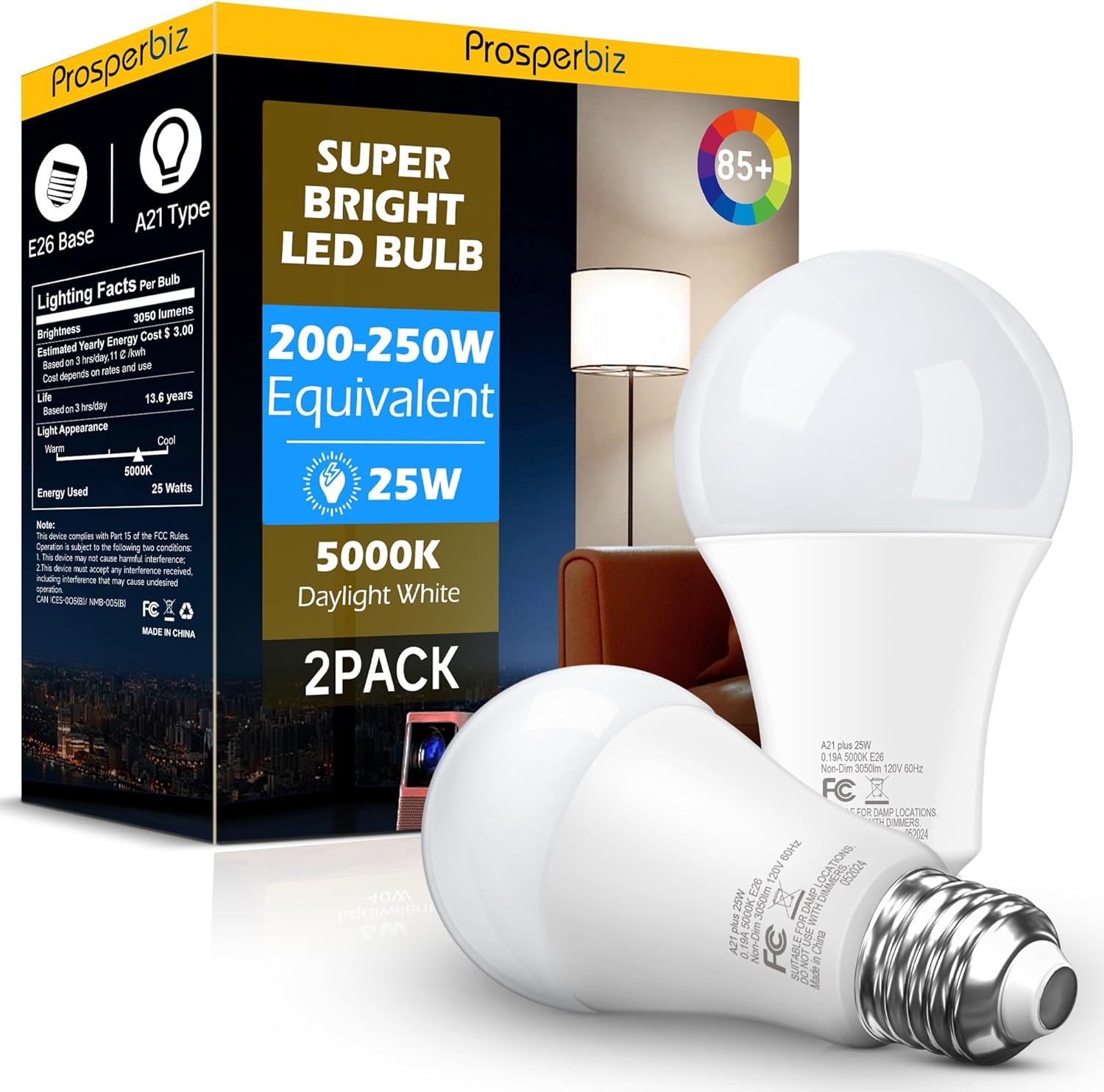 200-250 Watt Equivalent LED Light Bulb, A21 Super Bright LED Light Bulbs 25W, High Output 3050 Lumens, E26 Daylight White 5000K for Home, Office, Store, Garage, Warehouse, Garden, 2-Pack