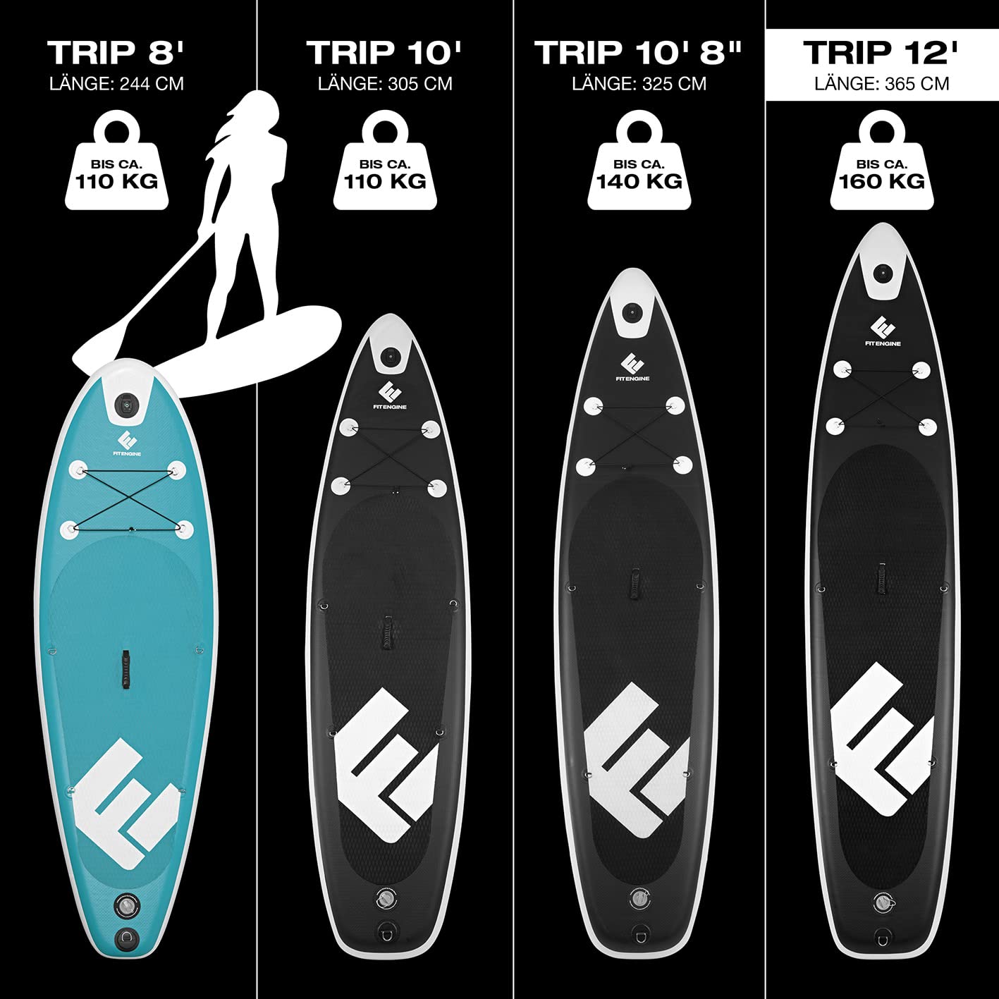 FitEngine SUP Allrounder/Racer/Junior 8' - 12'' | Umfangreiches Stand-up-Paddle-Board Set inkl. Drybag, Handyhülle und Co. | Drop-Stitch Qualität von der starken SUP Marke