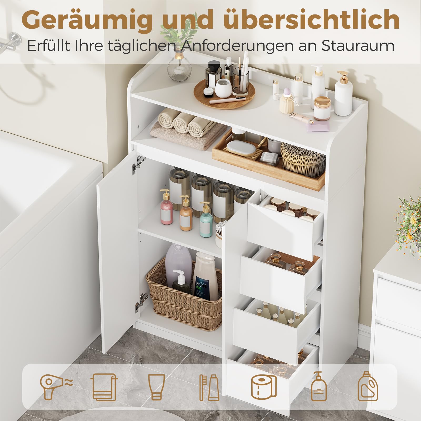 ANWBROAD Badezimmerschrank, Badschrank mit 4 Schubladen, Kommode Badezimmer 2 Schranktüren und 5-lagige Verstellbarer Ablage, Kommode für Badezimmer, Wohnzimmer, Küche, 110 × 80 × 30 cm, Weiß, SBC015W