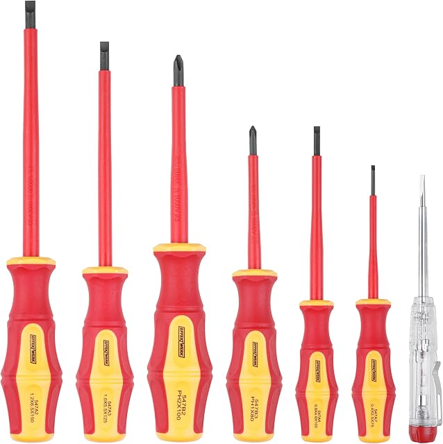 Effektwerk 7-pc Electricians Screwdriver Set, 4 Slotted & 2 Phillips Screwdrivers w/Voltage Tester, 1000V Insulated & VDE Tested w/Magnetic Tips