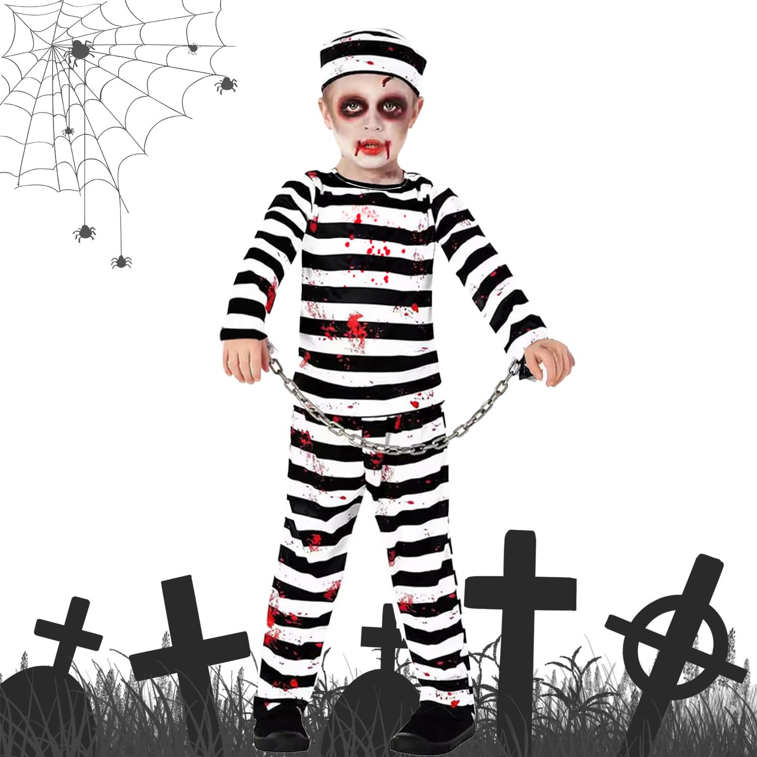 Halloween Disfraz de Prisionero Zombi para Niños, Disfraz de Preso Hombre Niños, Disfraz de Convicto Zombi para Niños Halloween, Disfraz Prisionero Sangrienta Niños para Carnaval Fiesta Cosplay