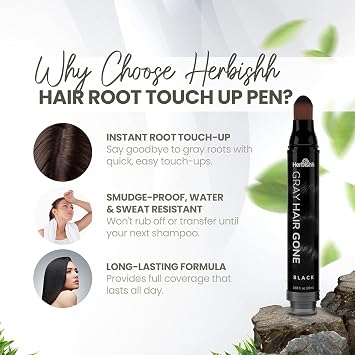Herbishh Hair Root Touch-up Pen, Instant Gray Coverage & Hair Loss Cover up, Concealer for Thin Hairlines, Water Resistant & Semi Permanent Smudge Proof Hair Color, Washable, Black 0.68 fl. Oz