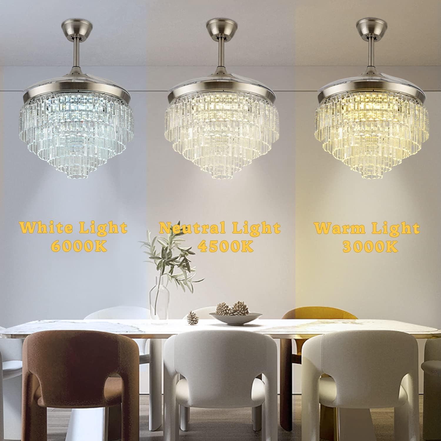 42 inch Crystal Ceiling Fan Light with Remote, Modern Invisible Silent Ceiling Fans with Lights 3-Color Dimming Chandelier Lighting for Dining/Lining Room (Silver F)