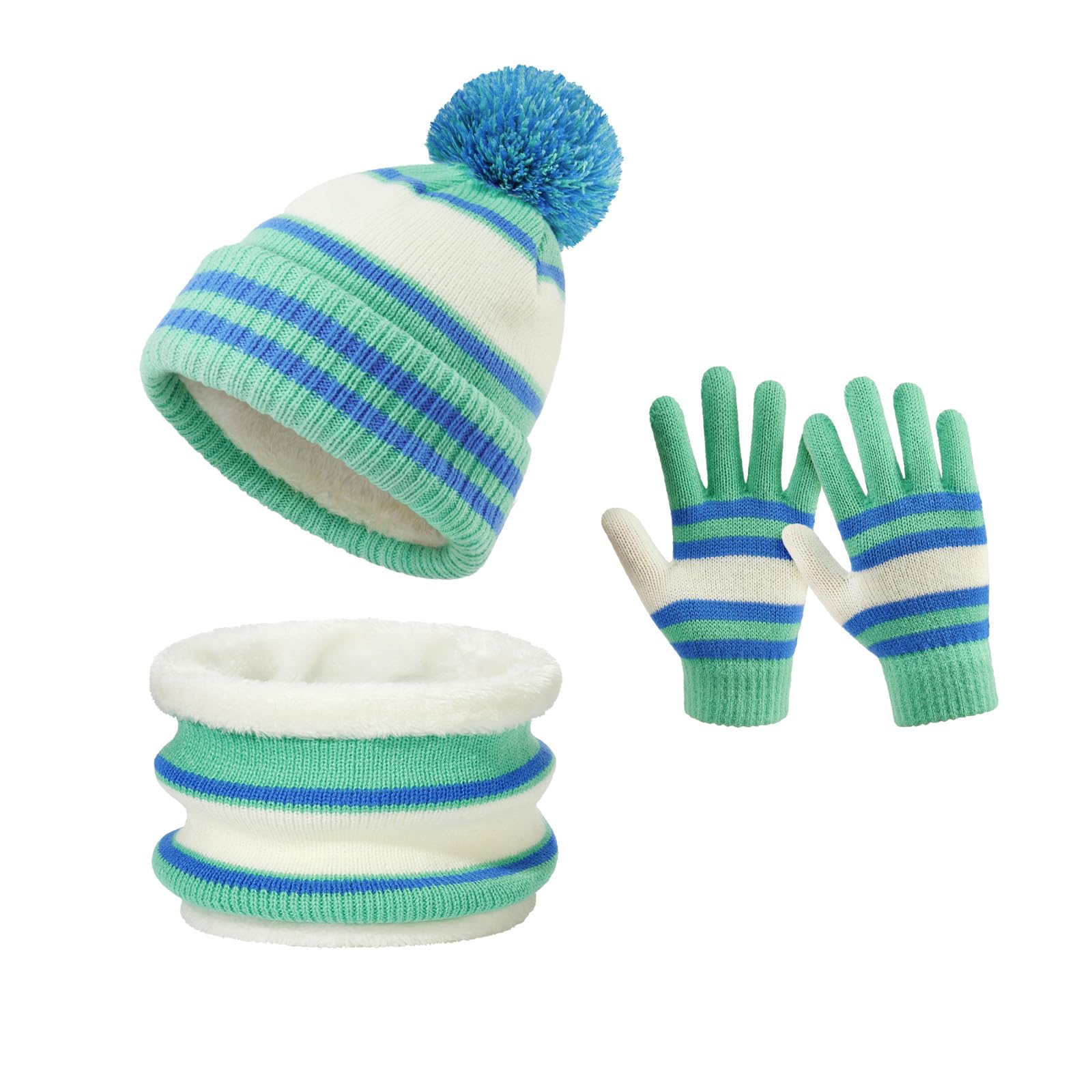 OZERO Kinder Winter Set (6-12 jaar) - Gebreide muts, sjaal en thermo handschoenen met fleecevoering, antislip handschoenen, warm 3-delig set voor jongens & meisjes, buiten spelen & kleuterschool