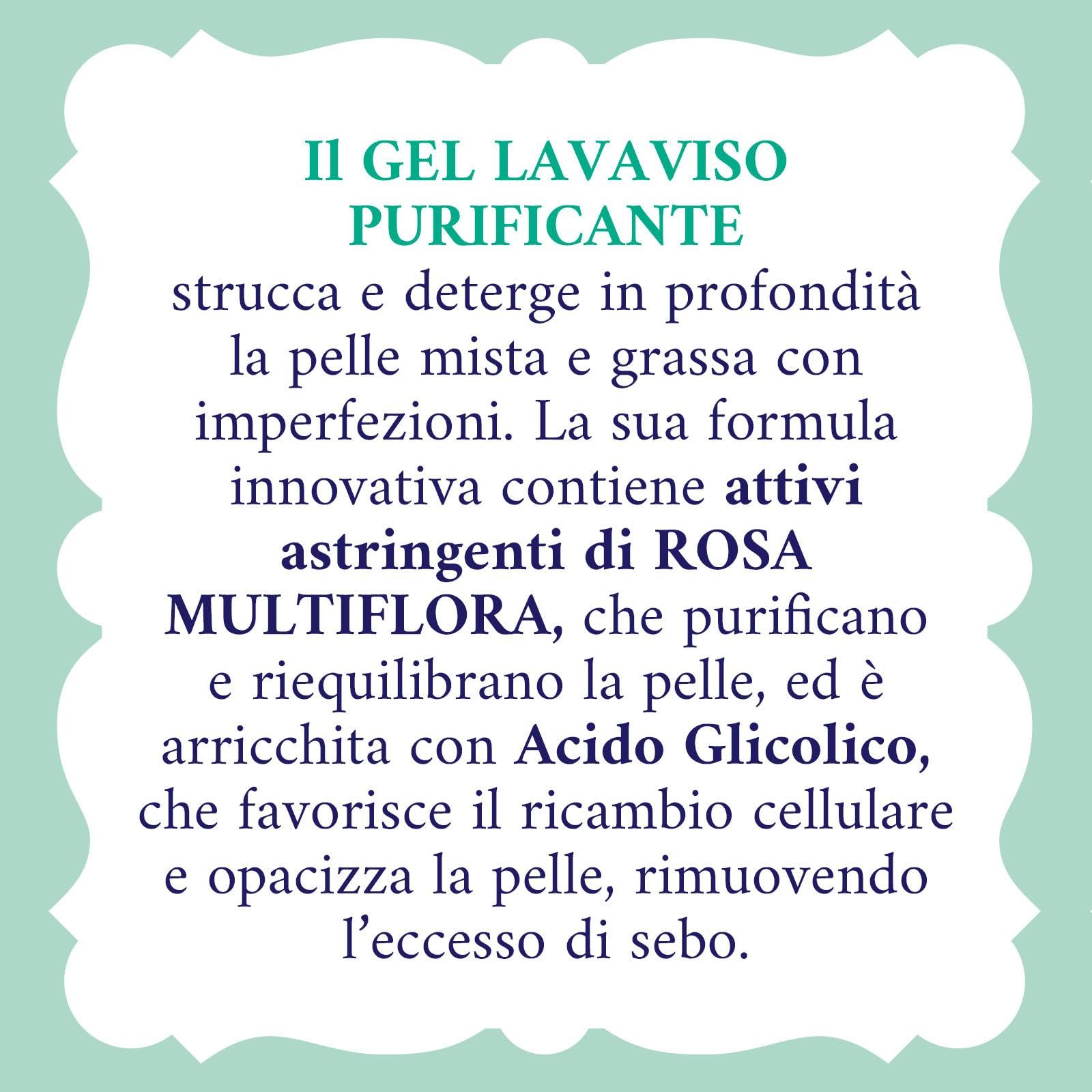 Acqua alle Rose, Gel Lavaviso Purificante con Attivi Astringenti di Rosa Multiflora, Detergente Viso per Pelli Miste o con Imperfezioni, Deterge, Purifica e Opacizza, Uso Quotidiano, 200 ml