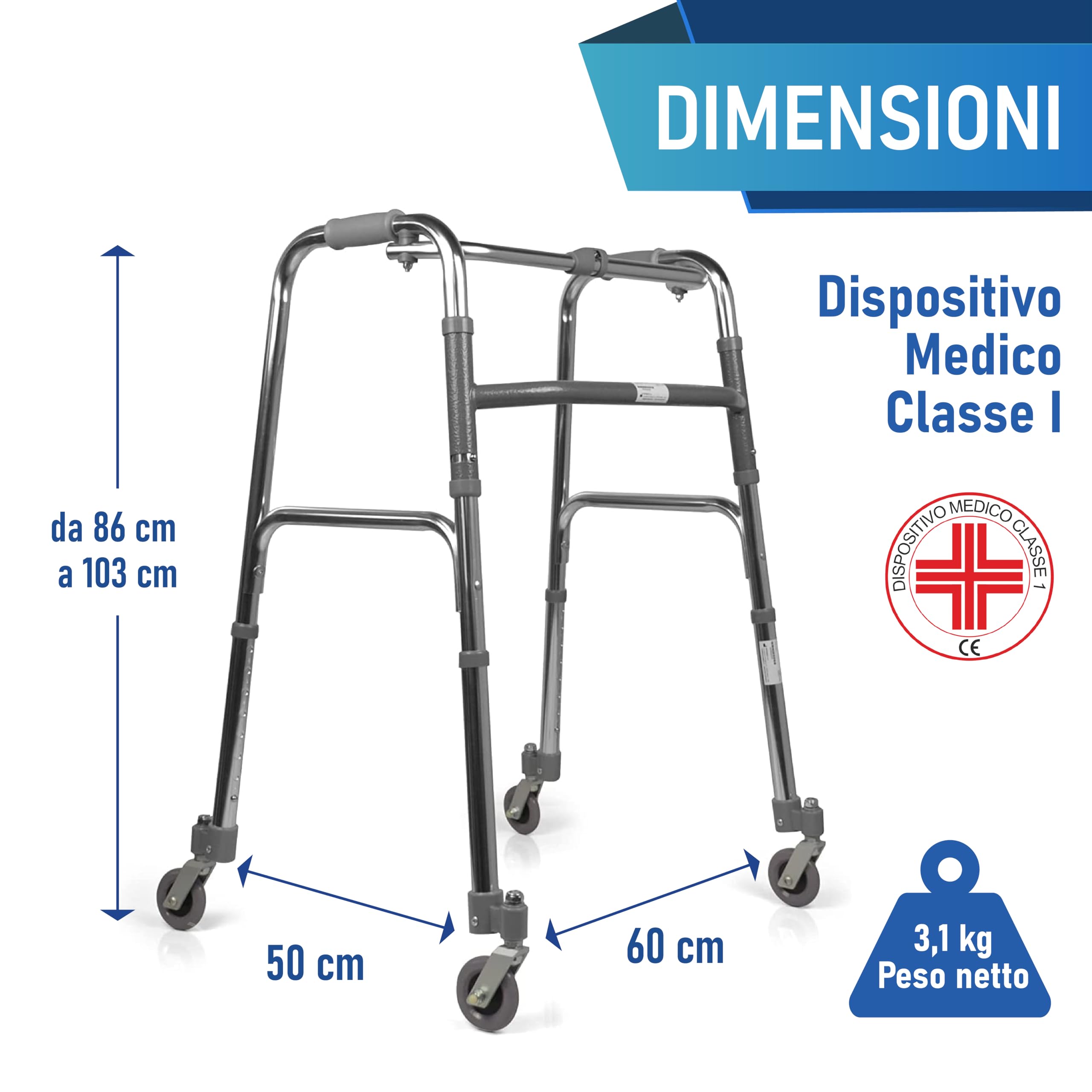 App Life Deambulatore per Anziani 4 Ruote Piroettanti Leggero in Alluminio Dispositivo Medico di Classe I - Pieghevole Regolabile in Altezza - Girello per Anziani