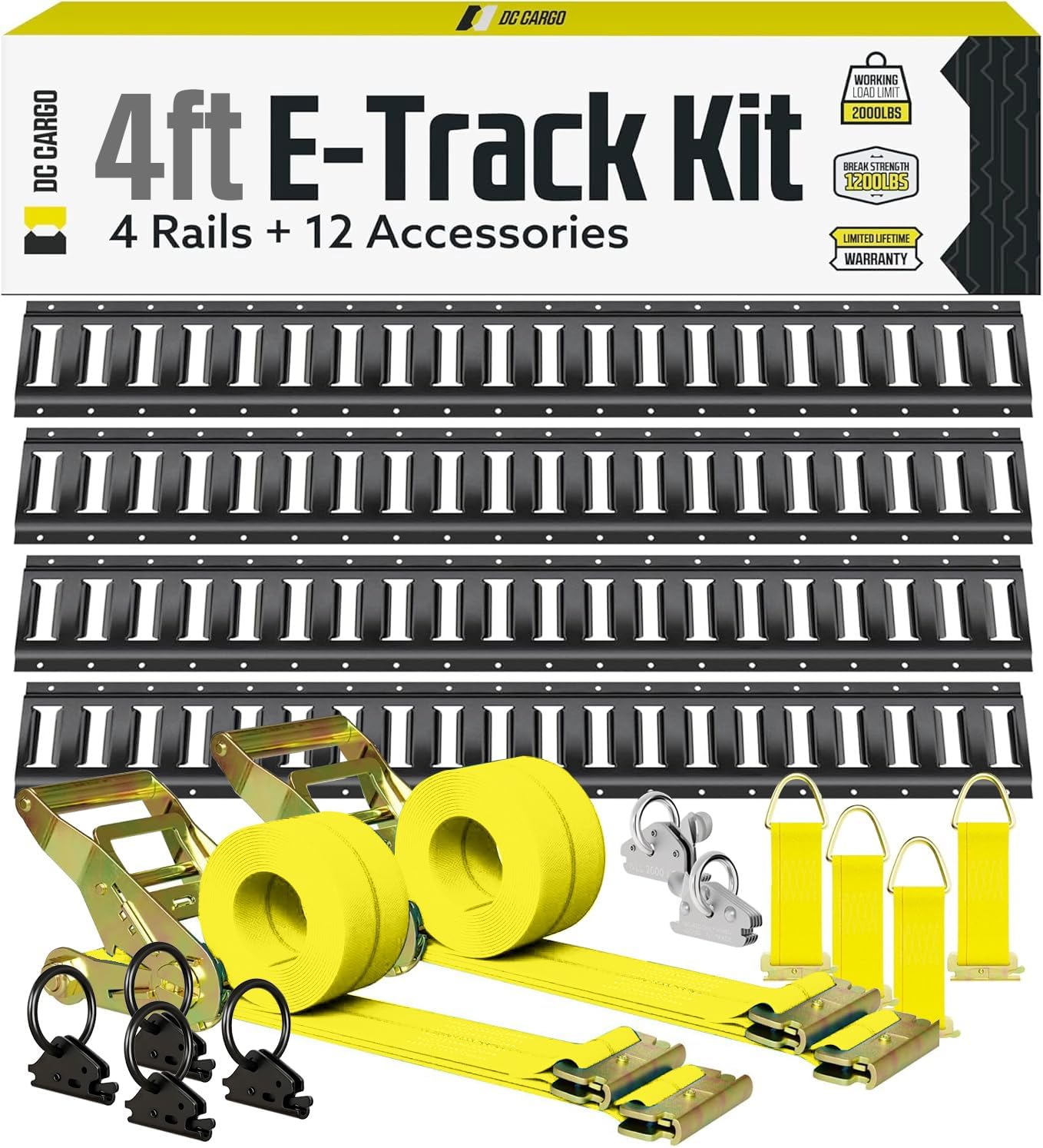 E Track Tie-Down Kit 16-Piece – 4 Ft Black ETrack Rails