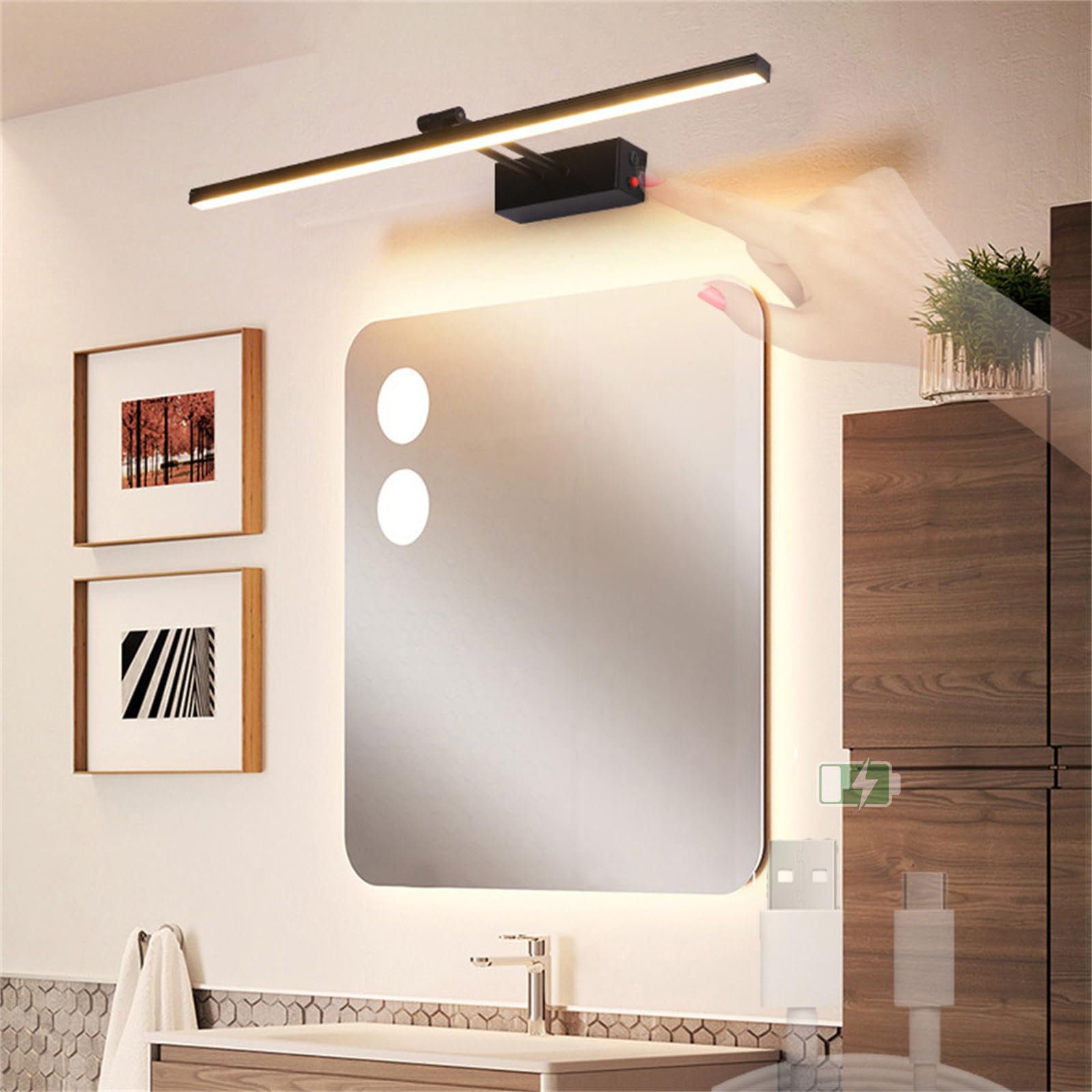 Lampa ścienna LED 180° z przełącznikiem, lampa ścienna, bateria, ładowana przez USB, lampa ścienna, nowoczesna lampa nad lustro, dekoracyjne oświetlenie ścienne do szafy (czarne, ciepłe światło, 40