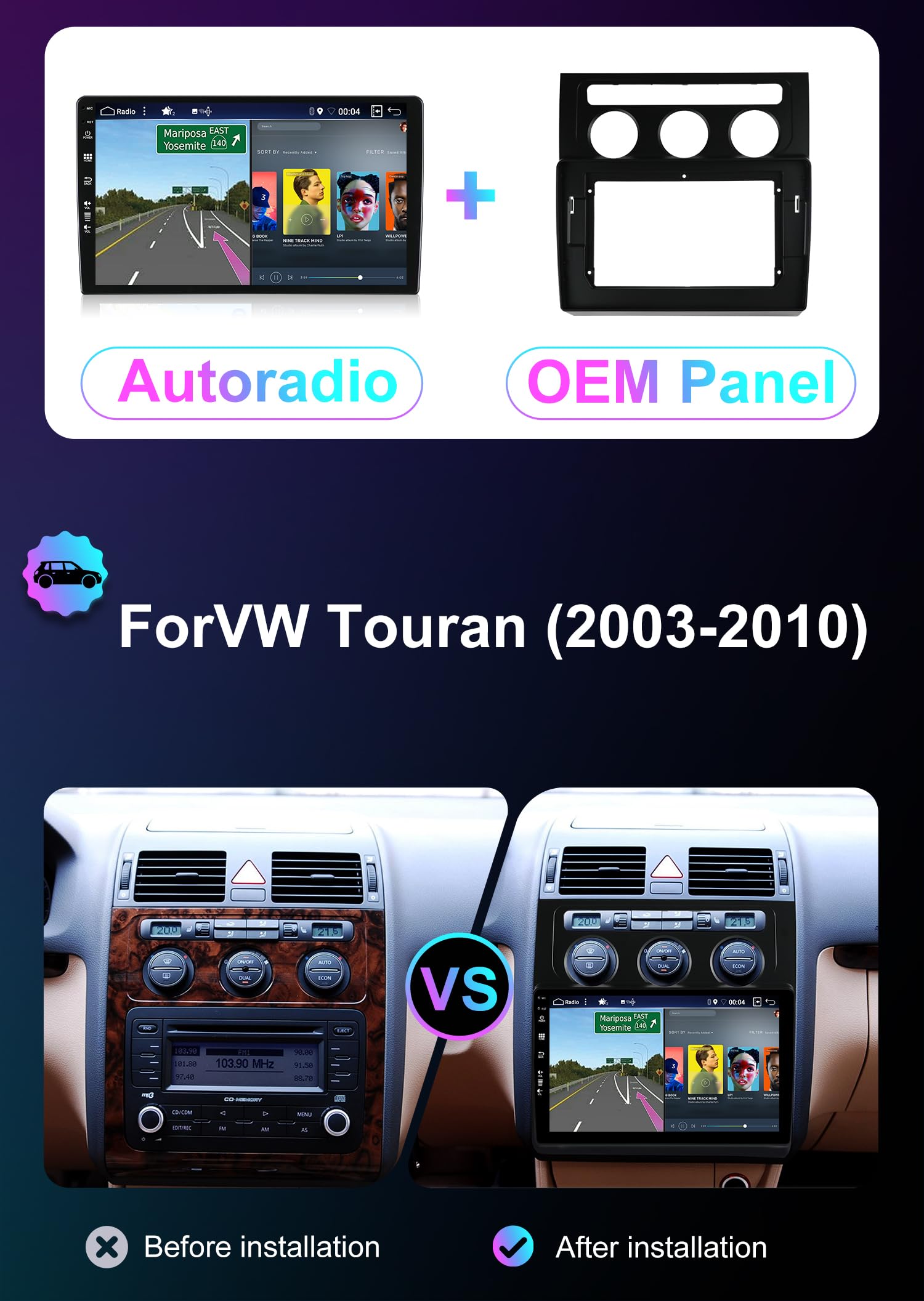 [2+64G] Android 15 2 Din Radio con navigazione per VW Touran 2003-2010- [Integrato CarPlay/Android Auto/DSP/GPS/Bluetooth 5.0/Controllo del volante/USB/WiFi]-IPS 10.1" Touch screen