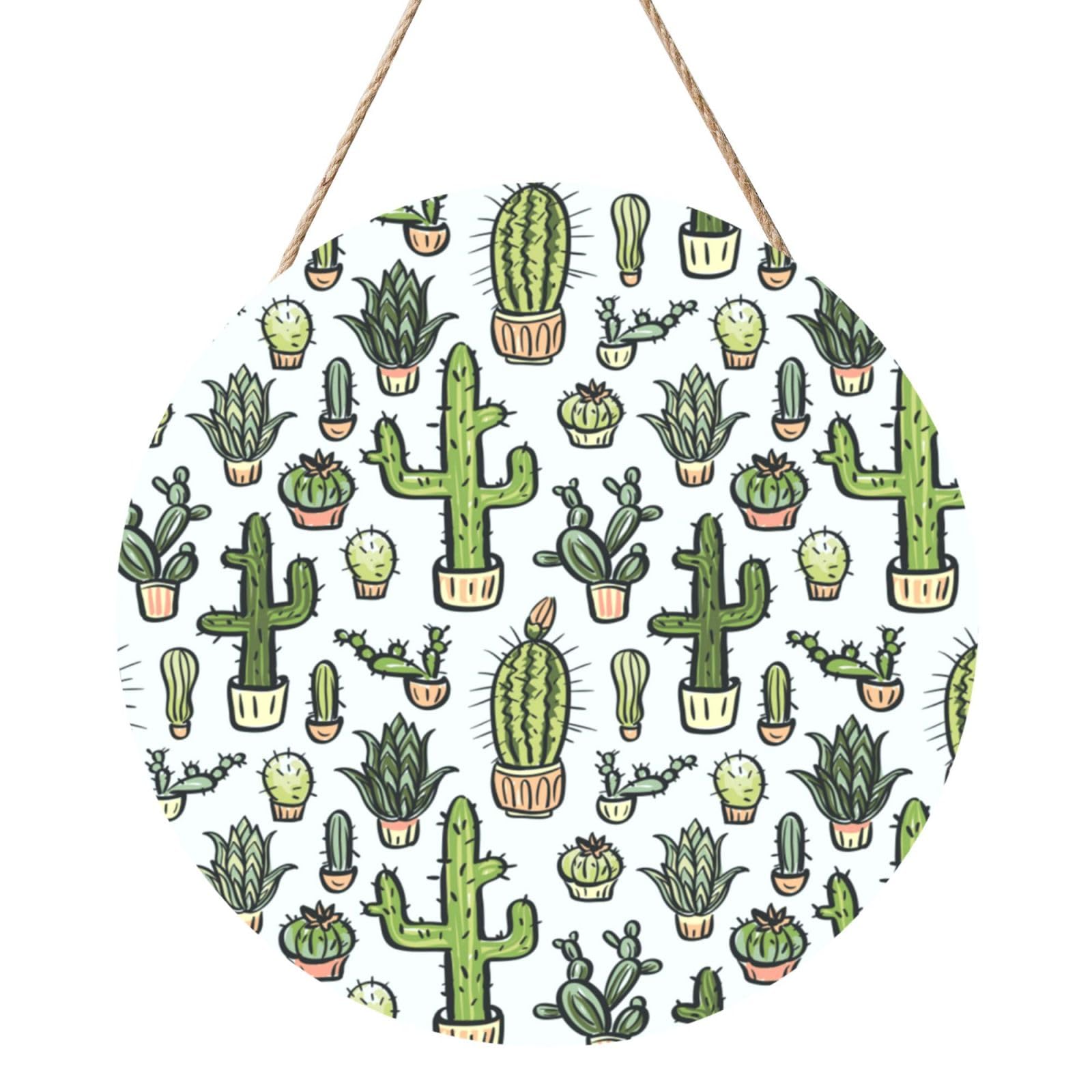 InOmak Cactus In White Background Pattern, Round Wood Panel Painting 12 in, Wall Hanging Painting For Home