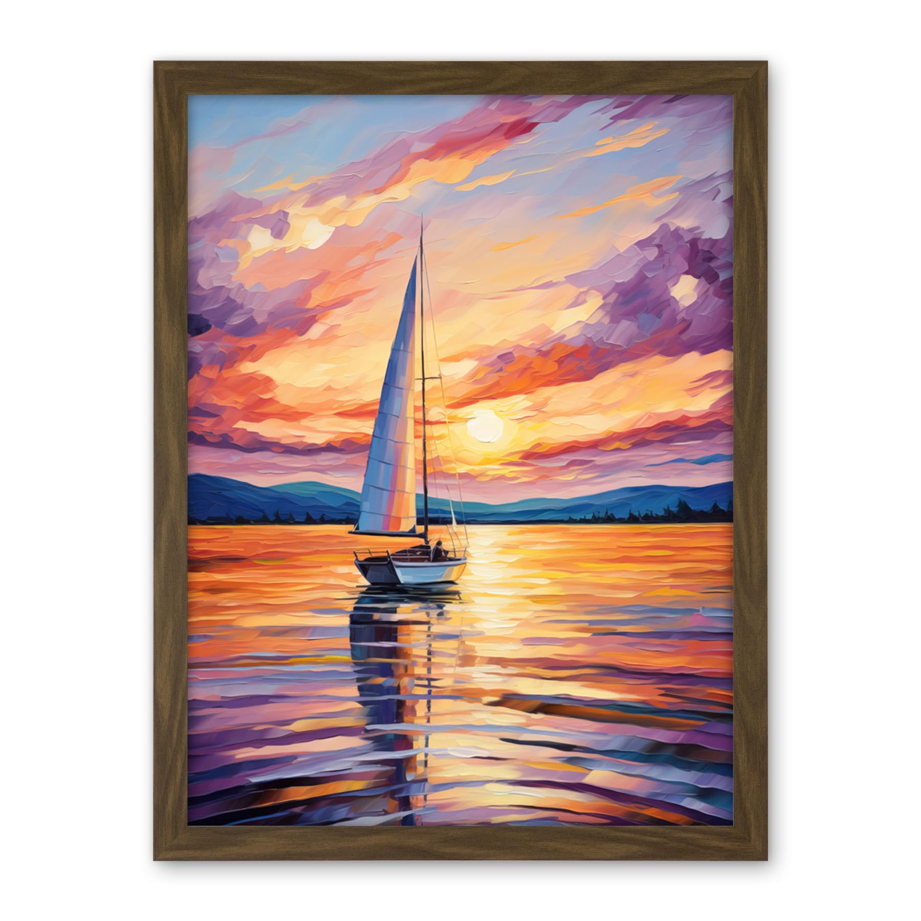 Artery8 Sunset Sailing Vibrant Oil Painting Orange Purple Blue Bathroom Artwork Sail Boat Seascape Artwork Framed Wall Art Print 18X24 Inch