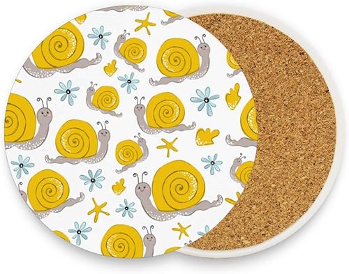 visesunny Bonito posavasos con estampado de caracol amarillo, posavasos de piedra que absorben la humedad con base de corcho para protección de mesa