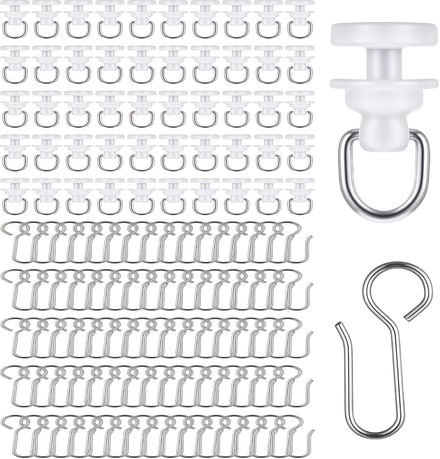 100Pcs Curtain Slider Track Gliders and S-Shaped Hooks