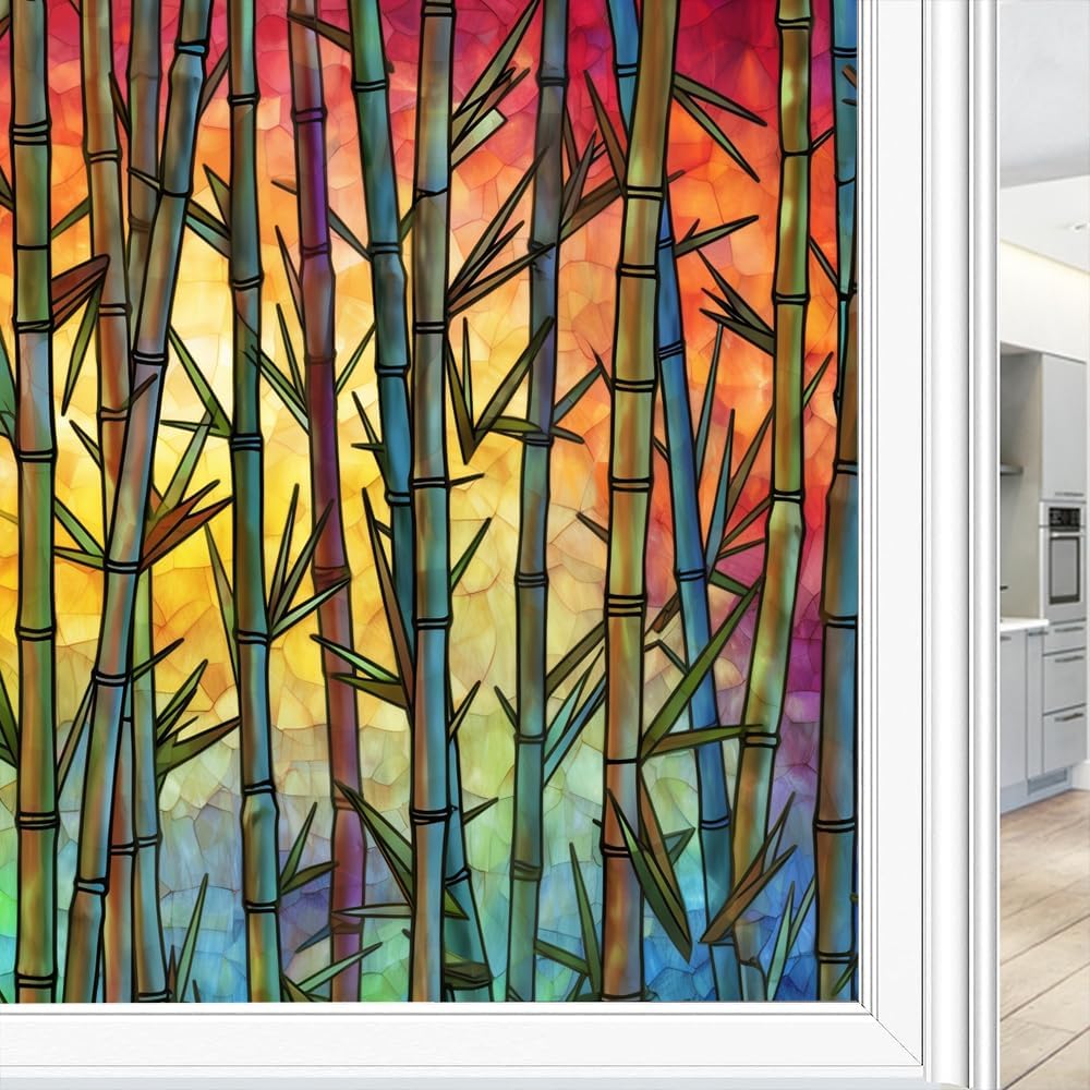 Farmhouse Bamboo Window Privacy Film Minimalist Nature Plants Landscape Stained Glass Window Film Sun Blocking Heat Control Decorative Window Covering Film for Home Office 35.4Wx63L inch