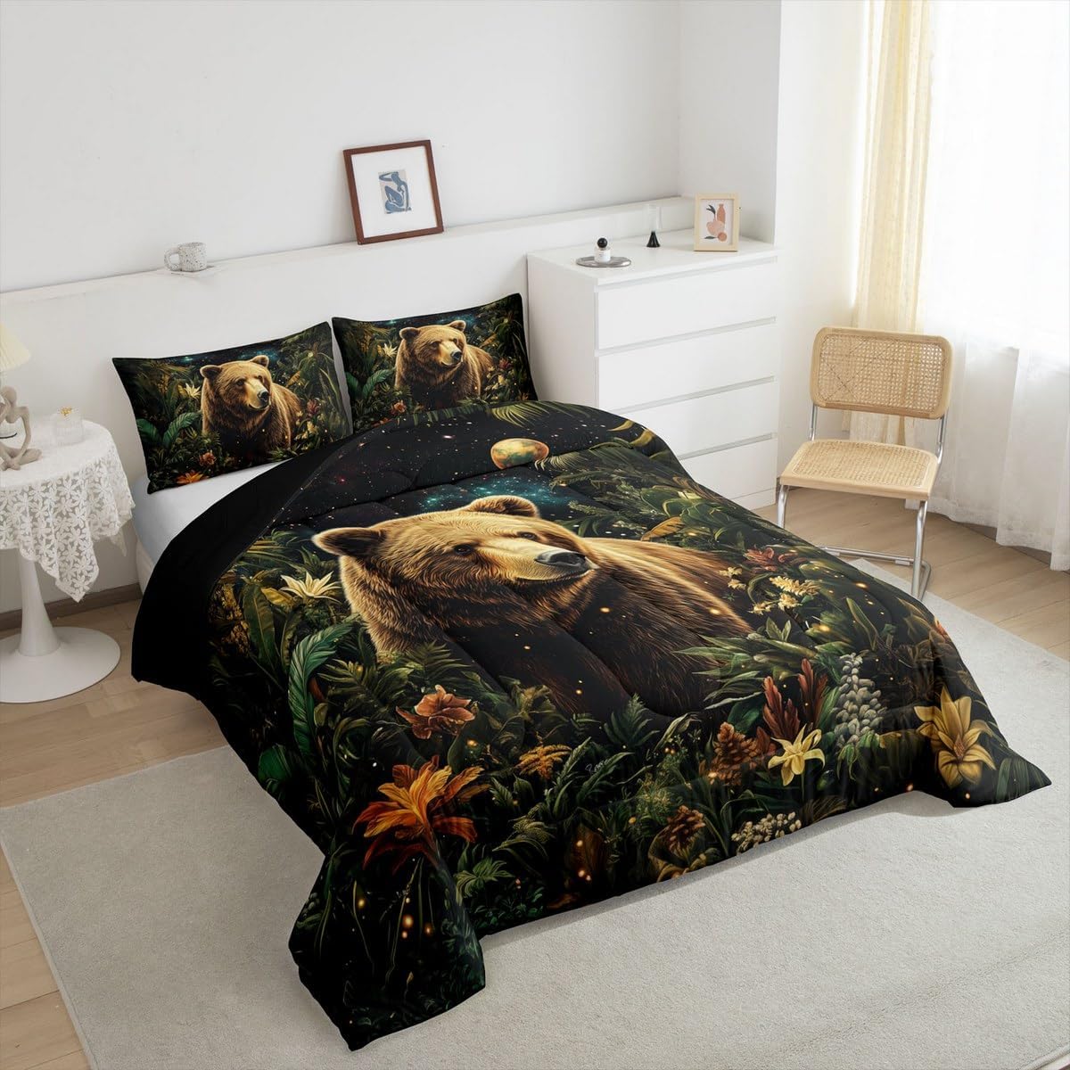 Manfei Wild Bear Kids Queen Comforter Sets,Vintage Animals Jungle Plants Bedding Set for Boys Teens Children,Mystery Galaxy Sky 3 Pieces Quilt Sets,Wild Leaves Flowers Duvet Insert,2 Pillow Cases