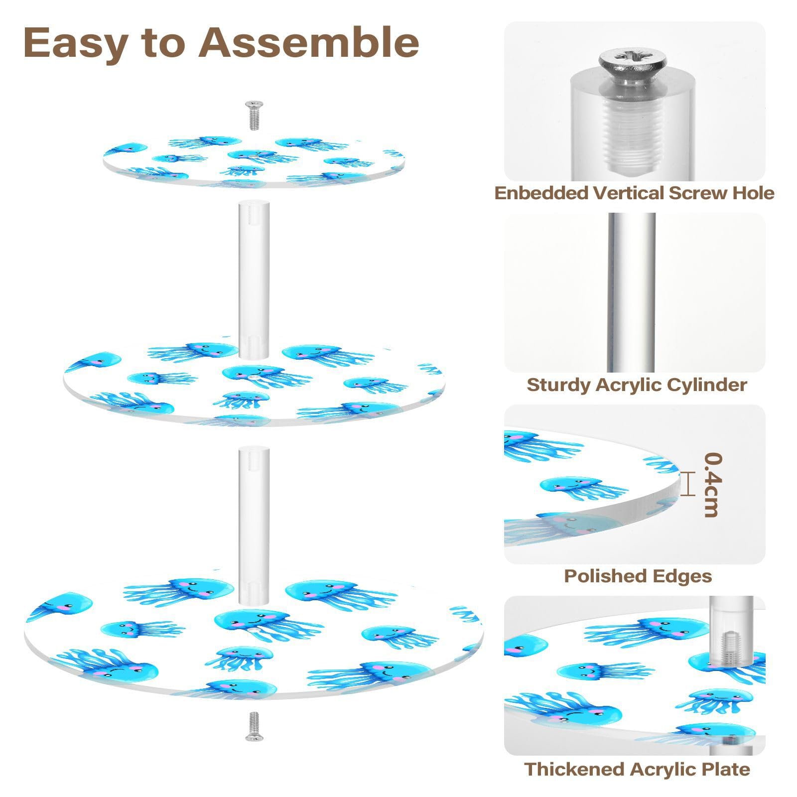 Nander 3 Tier Cupcake Stand,Blue Jellyfish Large Cupcake Tower Display, Round Cupcake Holder, Acrylic Dessert Stand, Pastry Display Tree for Party, Wedding, Baby Shower