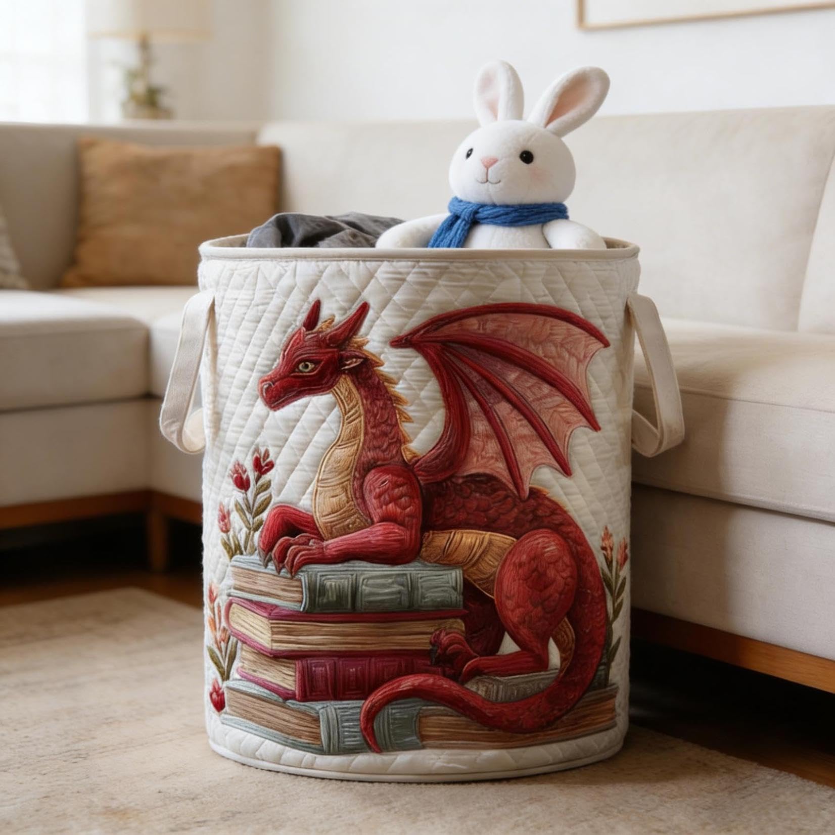 Quilted Laundry Basket, Boho Fabric Floral Animal Digital Print Storage Hamper, Organizer Bin Blankets for Nursery Bedroom Laundry Room Clothes Toys (C-35cm) — view 4