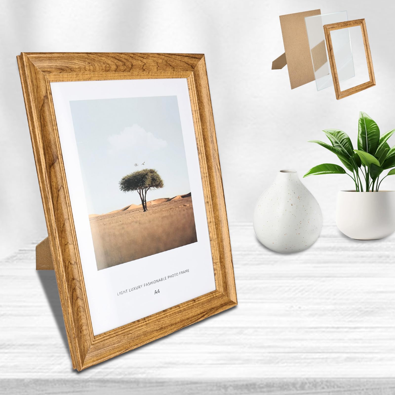 Cadre Photo A4 En Noyer Vintage - Format 20x30 Cm - Orientation Verticale/horizontale - Face Acrylique, Dos MDF - 7