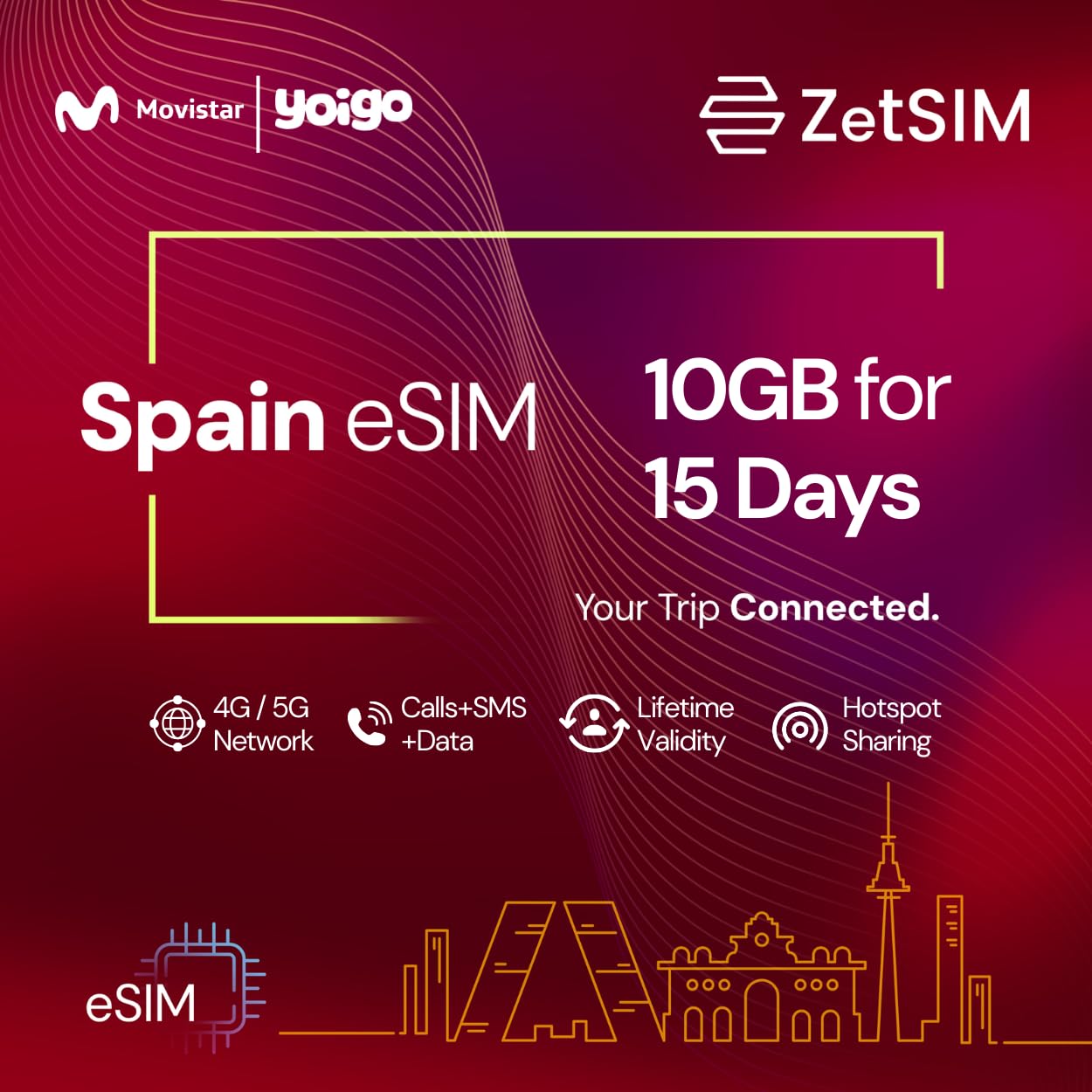 spain local esim | 10gb data for 15 days | 4g/5g high-speed data | one sim for lifetime | instant qr code activation | easy app top-up | hotspot sharing | no contract