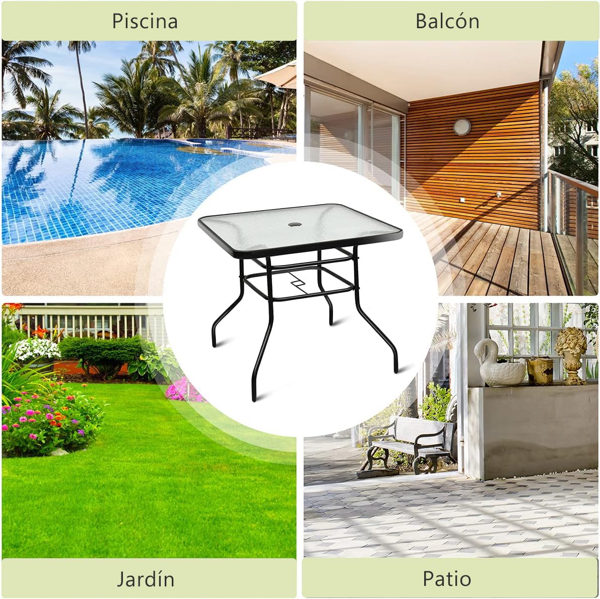RELAX4LIFE Mesa Auxiliar de Vidrio Templado y Marco de Metal con Agujero para Sombrilla Ø33mm, Mesa Exterior para Jardín, Balcón, Terraza y Bistro, Carga 80 kg, 81x81x71cm (Cuadrado)