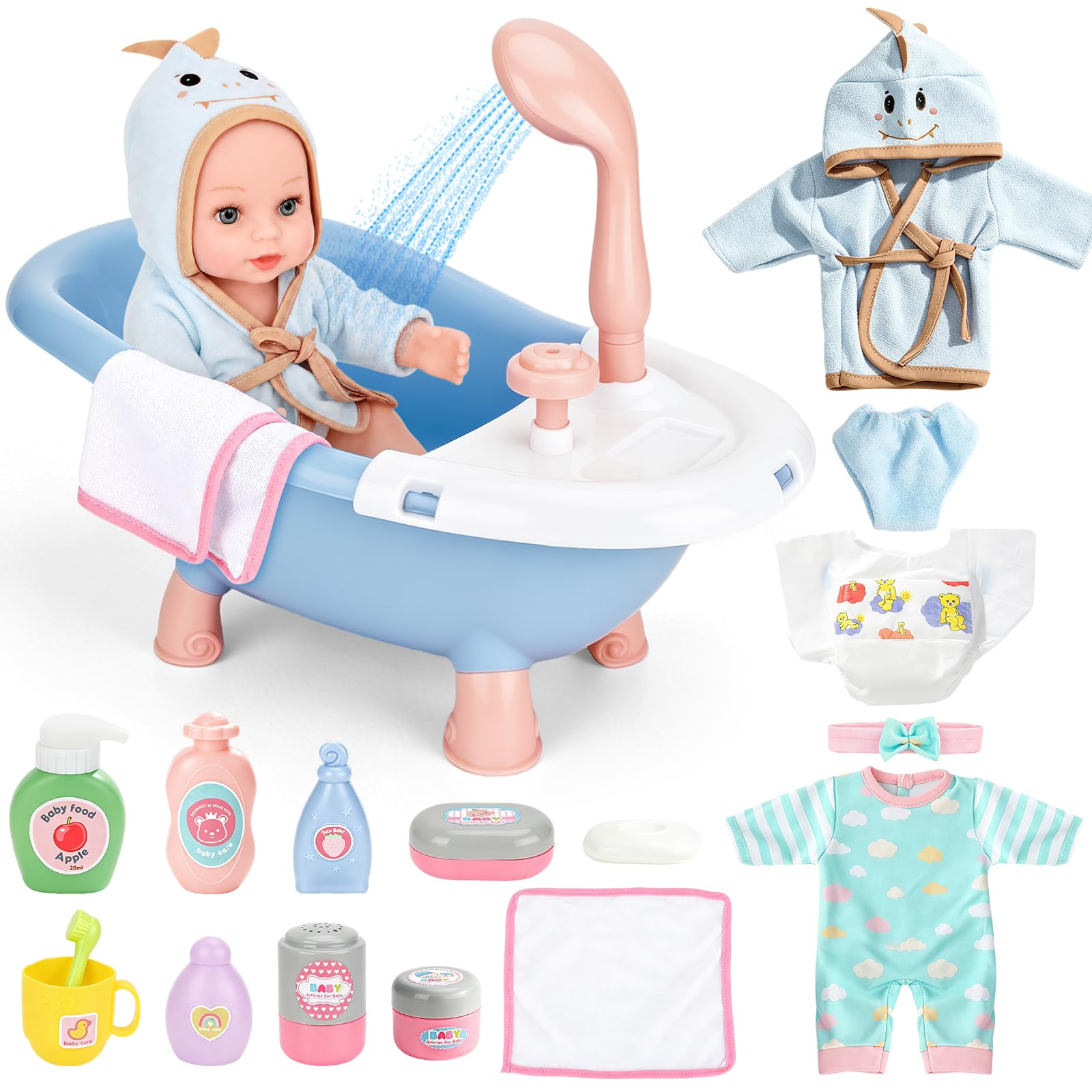 deAO Baby Doll Bath Play Set with Working Bathtub & Doll Bath Accessories