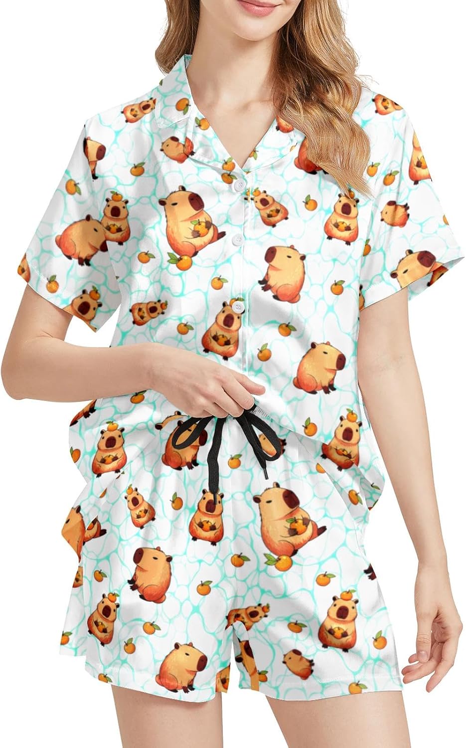 Funny Pajamas for Women Set Print Satin Loungewear Pjs Short Sleeve Button Down Top and Shorts Sets Sleepwear XS-3XL