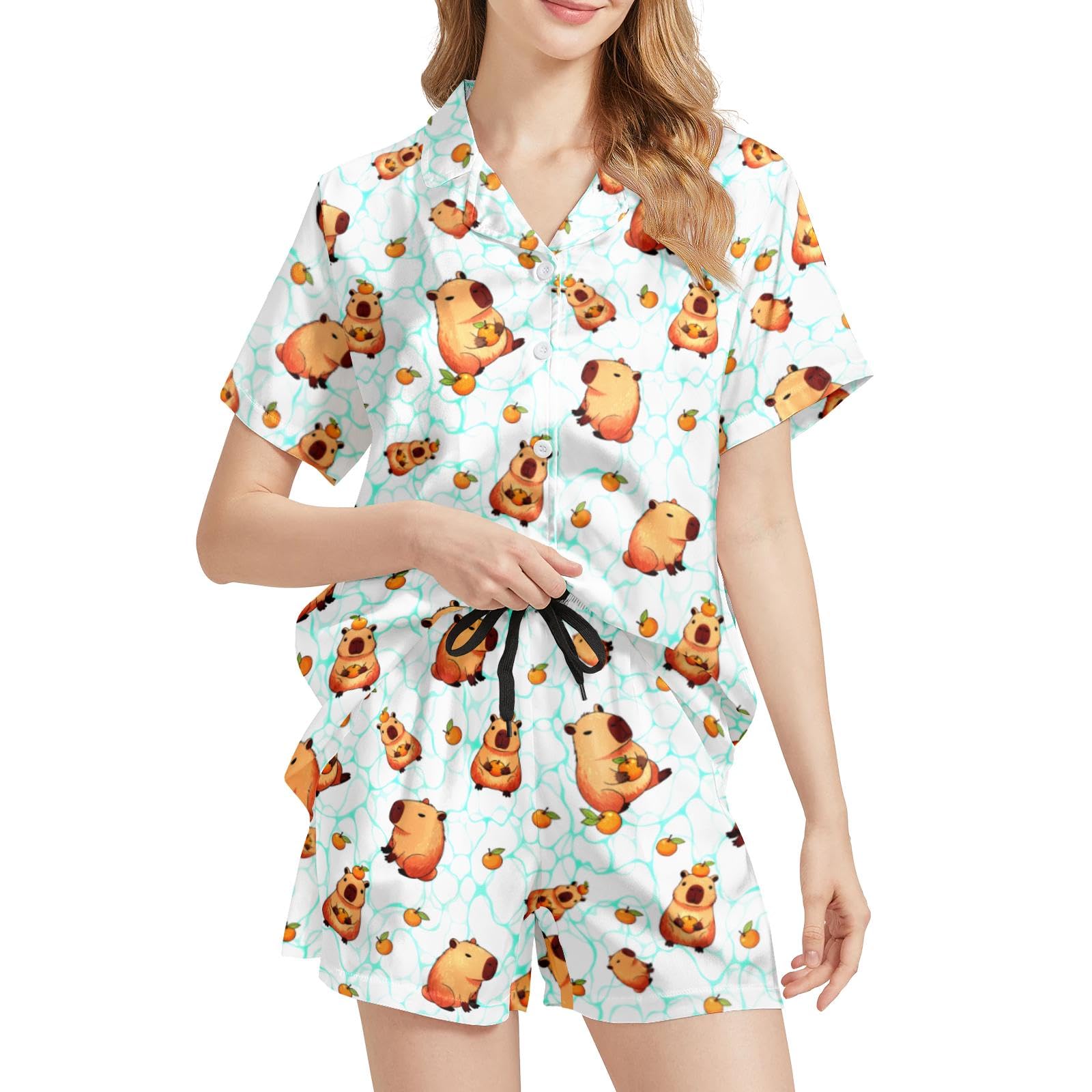 Funny Pajamas for Women Set Print Satin Loungewear Pjs Short Sleeve Button Down Top and Shorts Sets Sleepwear XS-3XL