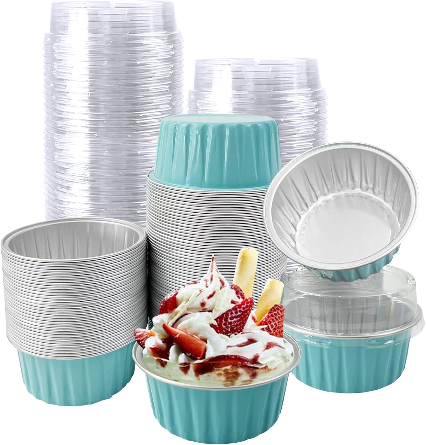 100Pcs Aluminum Cups with Lids,5oz Disposable Ramekin Baking Cups Muffin Liners Mini