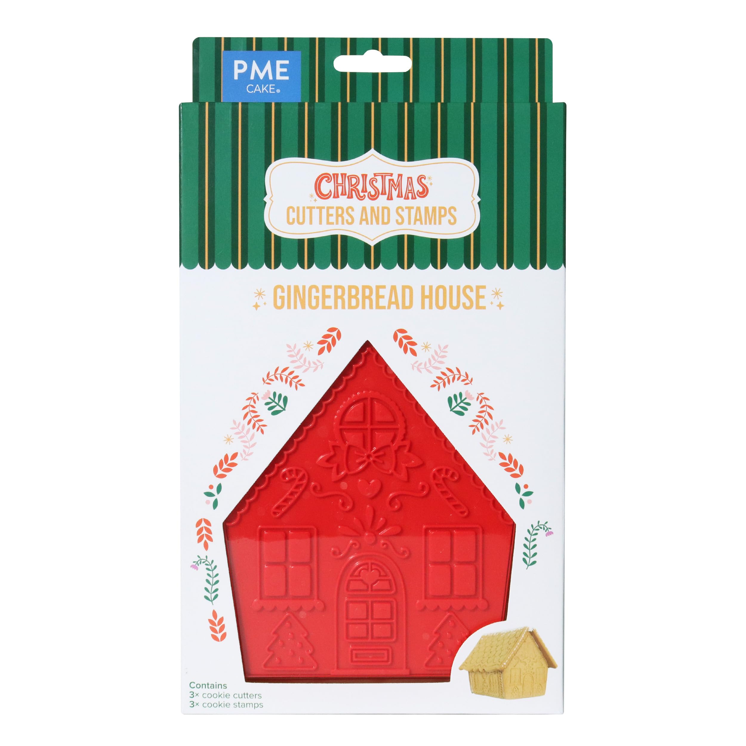 PME CH24CCC102 Christmas Cookie Cutters & Stamps, Gingerbread House (Set of 3), Plastic, Red
