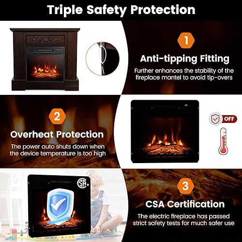 Miniatura 5 de RELAX4LIFE Chimenea eléctrica de 32 pulgadas con repisa, inserto de chimenea de 1400 W con brillo de 3 llamas, temporizador de 6 horas, protección