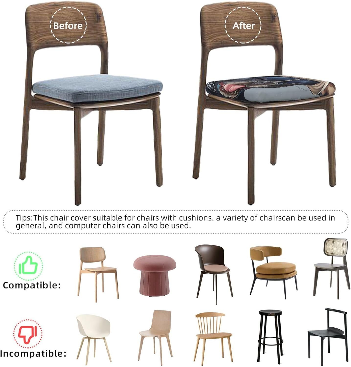 French Bulldog Art Print Square Cushion Covers 6 Pcs Set Elastic Non-Slip Seat Cushion Slipcovers Pet Furniture Protectors for Chair, Sofa