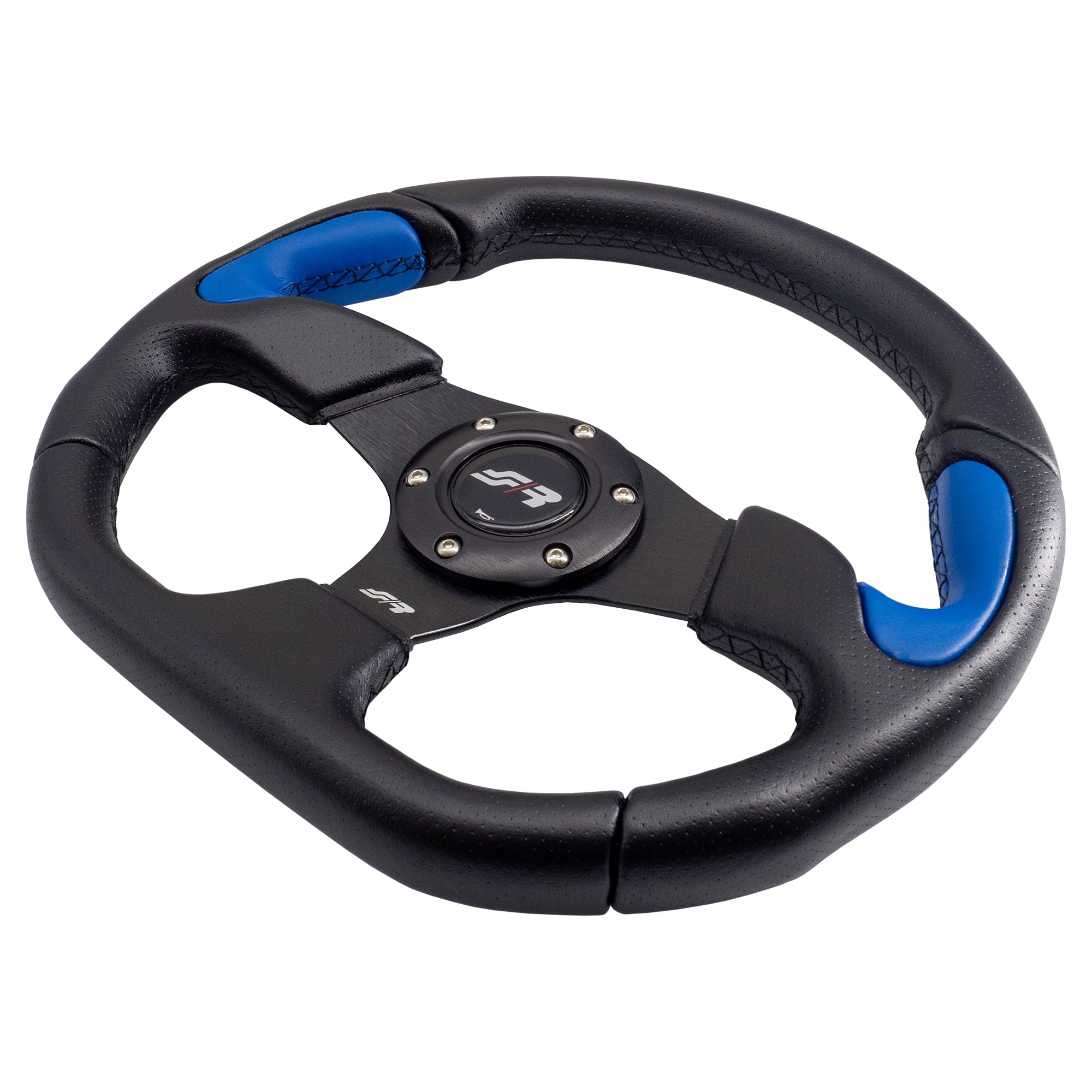 Simoni Racing X2330PUN/PA Volante Sportivo X2 Poly Blue Universale 330 mm, Pelle Nera con Inserti Blu, Razze in Alluminio Anodizzato Nero e Pulsante Clacson