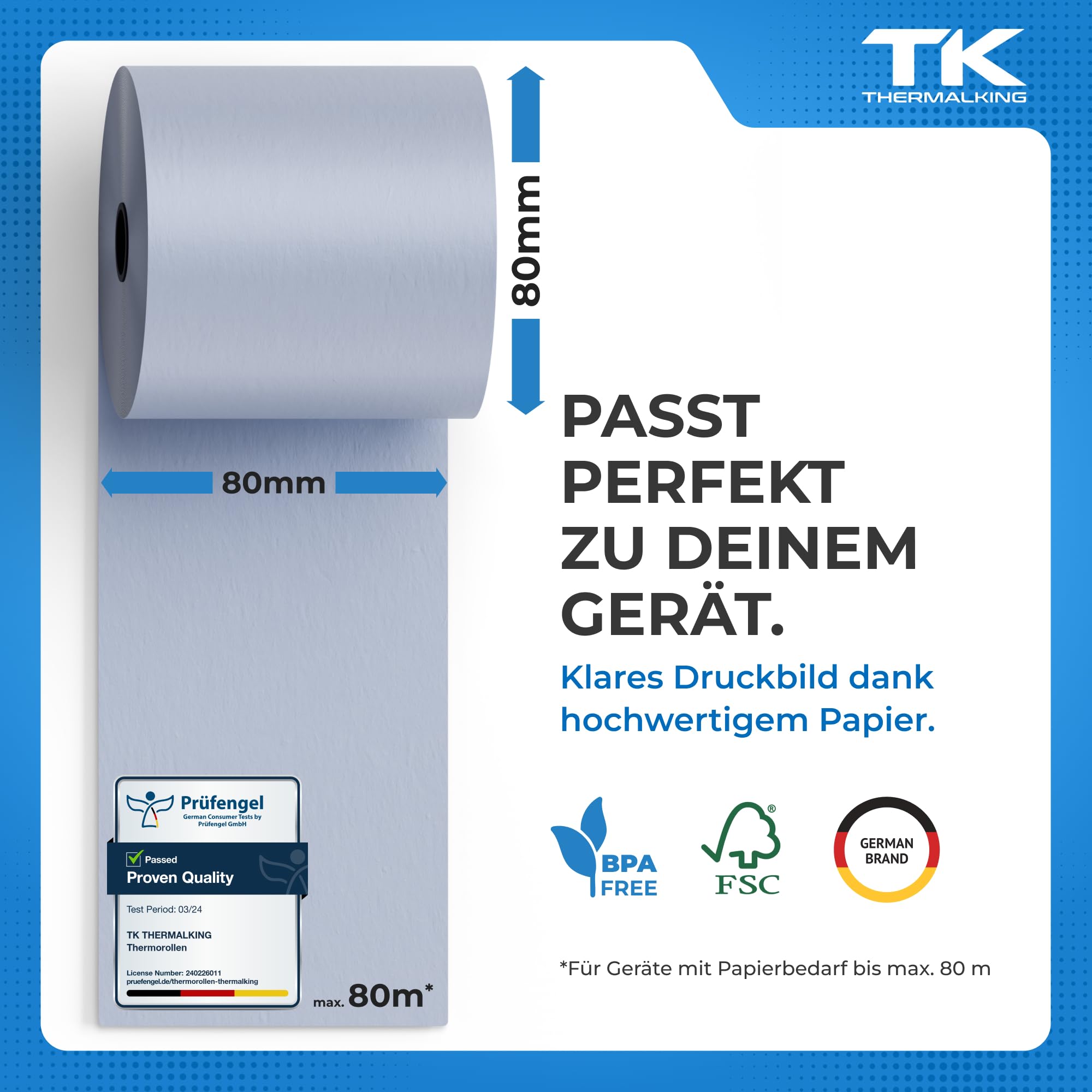 THERMALKING - ÖKO - Thermorollen 80mm x 80m x 12mm [für Bondrucker wie Epson, IBM & co.] - Bonrollen 80x80x12 Thermo - Thermopapier - Geeignet für Drucksysteme mit Papierbedarf bis 80m (40 Stk)