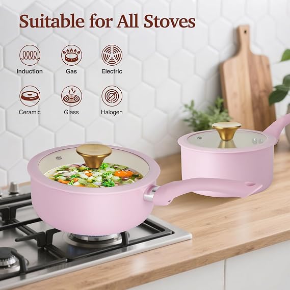 M MELENTA Pots and Pans Set Non Stick, 11pcs Pink Ceramic Cookware Set