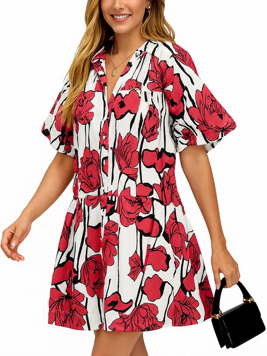 Women's Summer Button Down Shirt Dress Floral Puff Short Sleeve Casual Loose Fit Beach Mini Dresses - Image 4