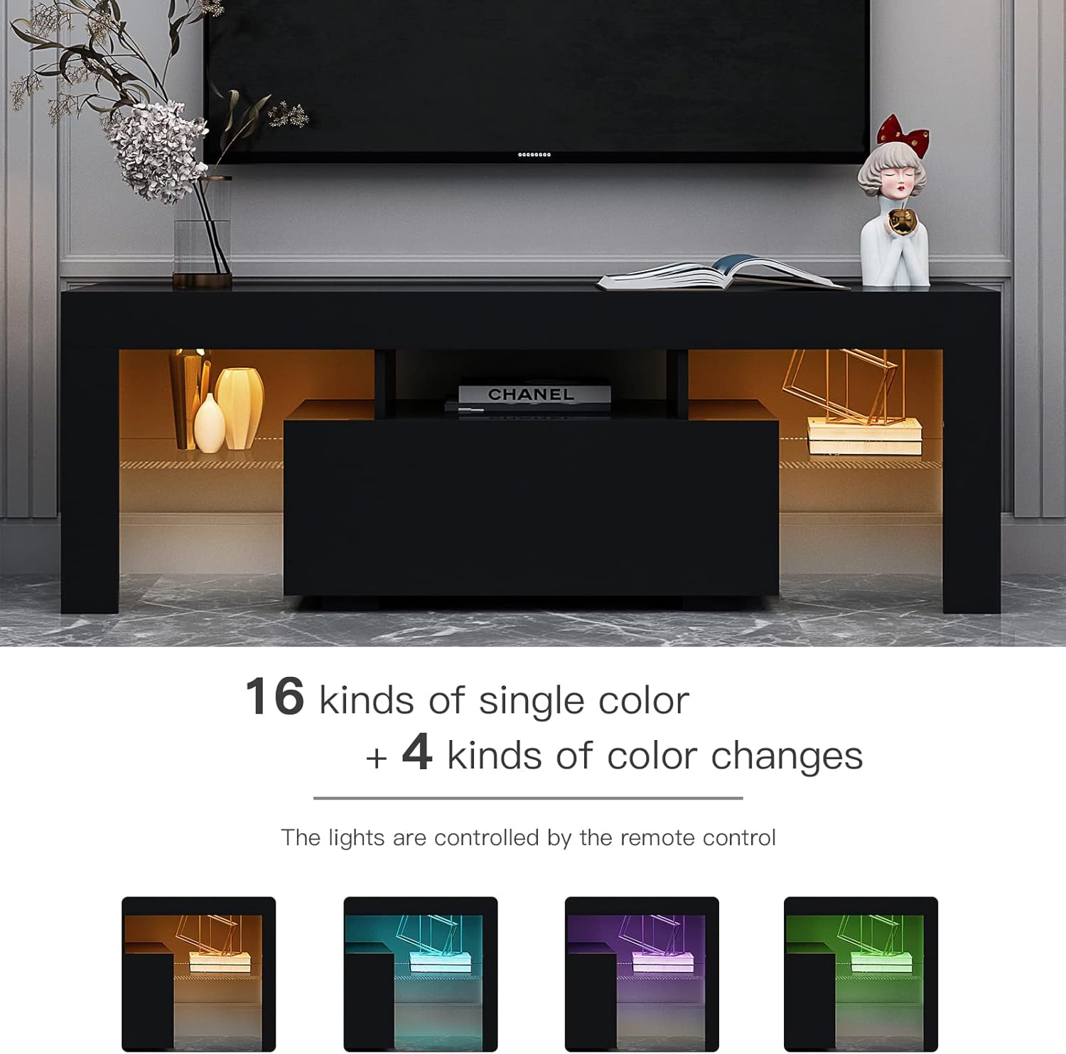 Black LED TV Stand Modern Entertainment Center for 65 Inch TV Wood TV Cabinet with Led Lights Television Stands with Storage Drawers for Living Room Bedroom Office