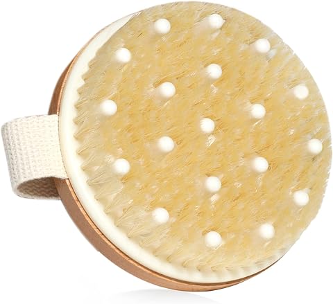 SURDOCA Dry Brush,Bamboo Body Scrubber for Exfoliating Shower Care | Natural Boar Bristles,Bamboo Brush Base,Silicone Massage Nodes,Round Palm Design,Cotton Hand Strap,Dry And Wet Use