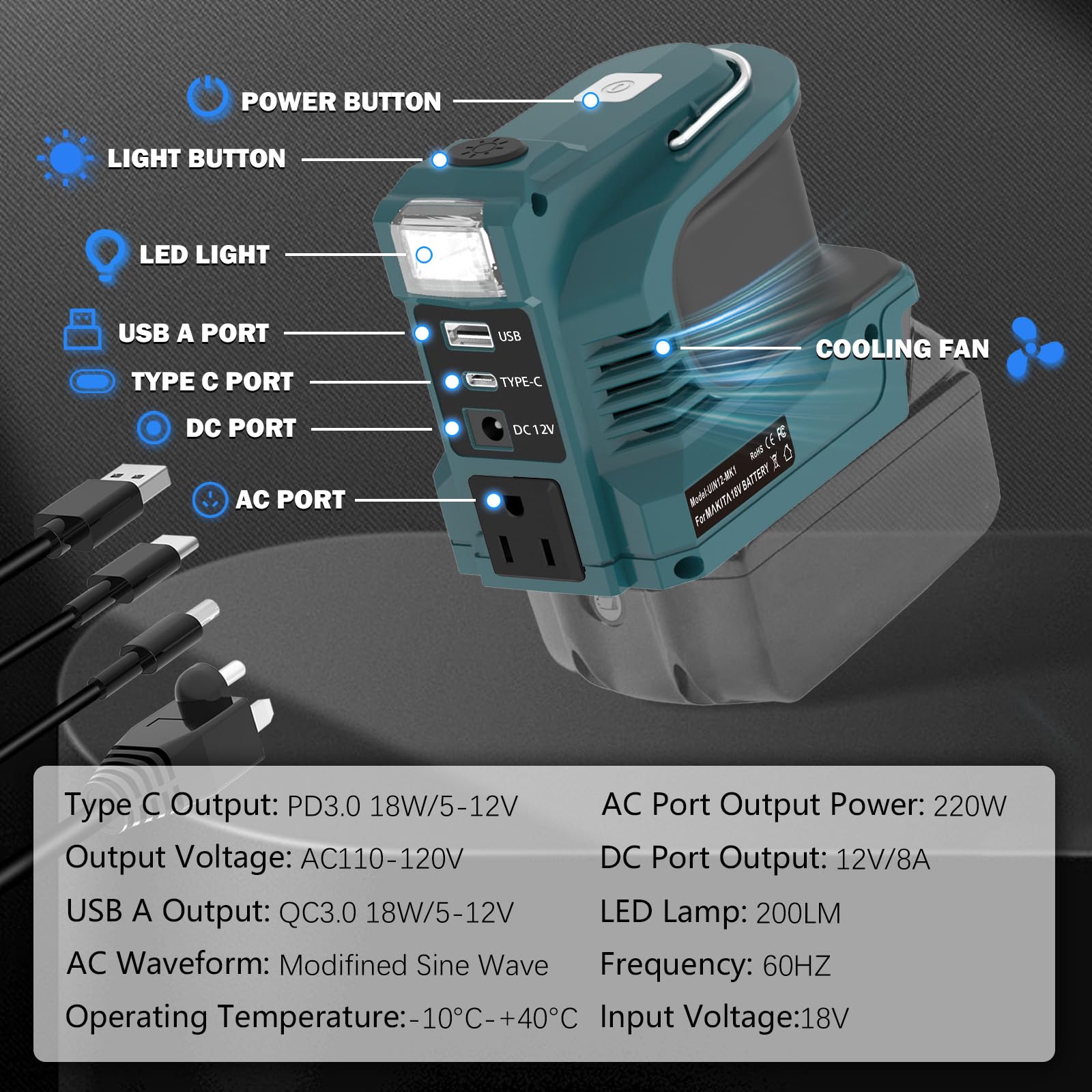 Inverter da 220 W per batteria Makita da 18 V, DC 18 V a AC 220 V, convertitore di tensione con USB QC3.0 tipo C PD connettore 12 V 5 A CC, uscita LED luce di emergenza