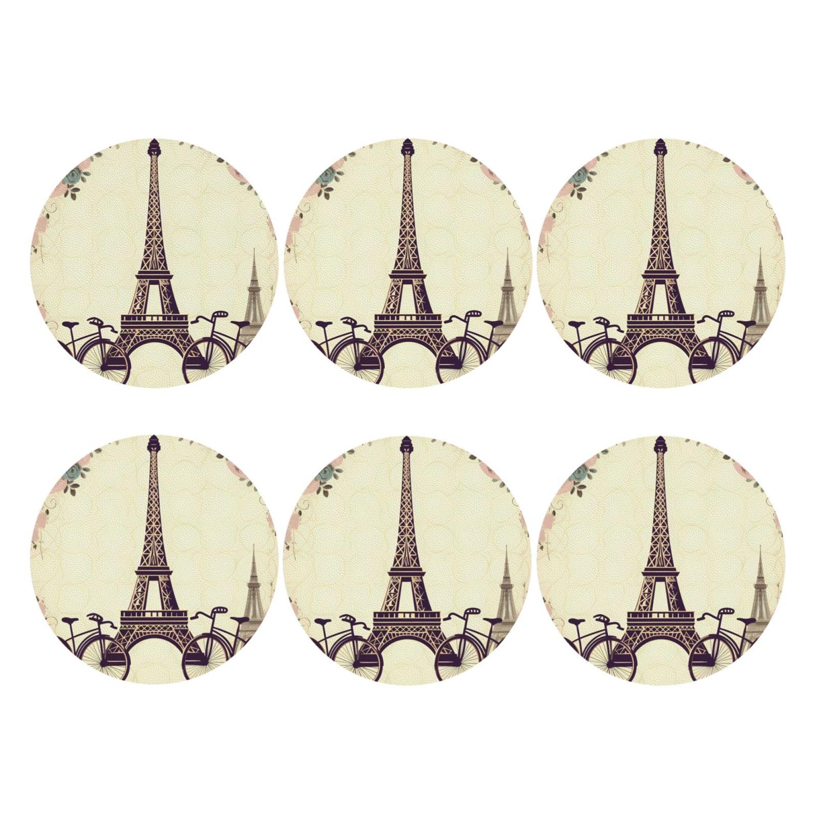 6pcs Leather Coasters for Drinks, Eiffel Tower Bicycle Drink Coasters for Tabletop Protection, 4" Cup Coasters for Coffee Table Decor, Non-Slip Drinking Cup Mat for Hot Or Cold Drink