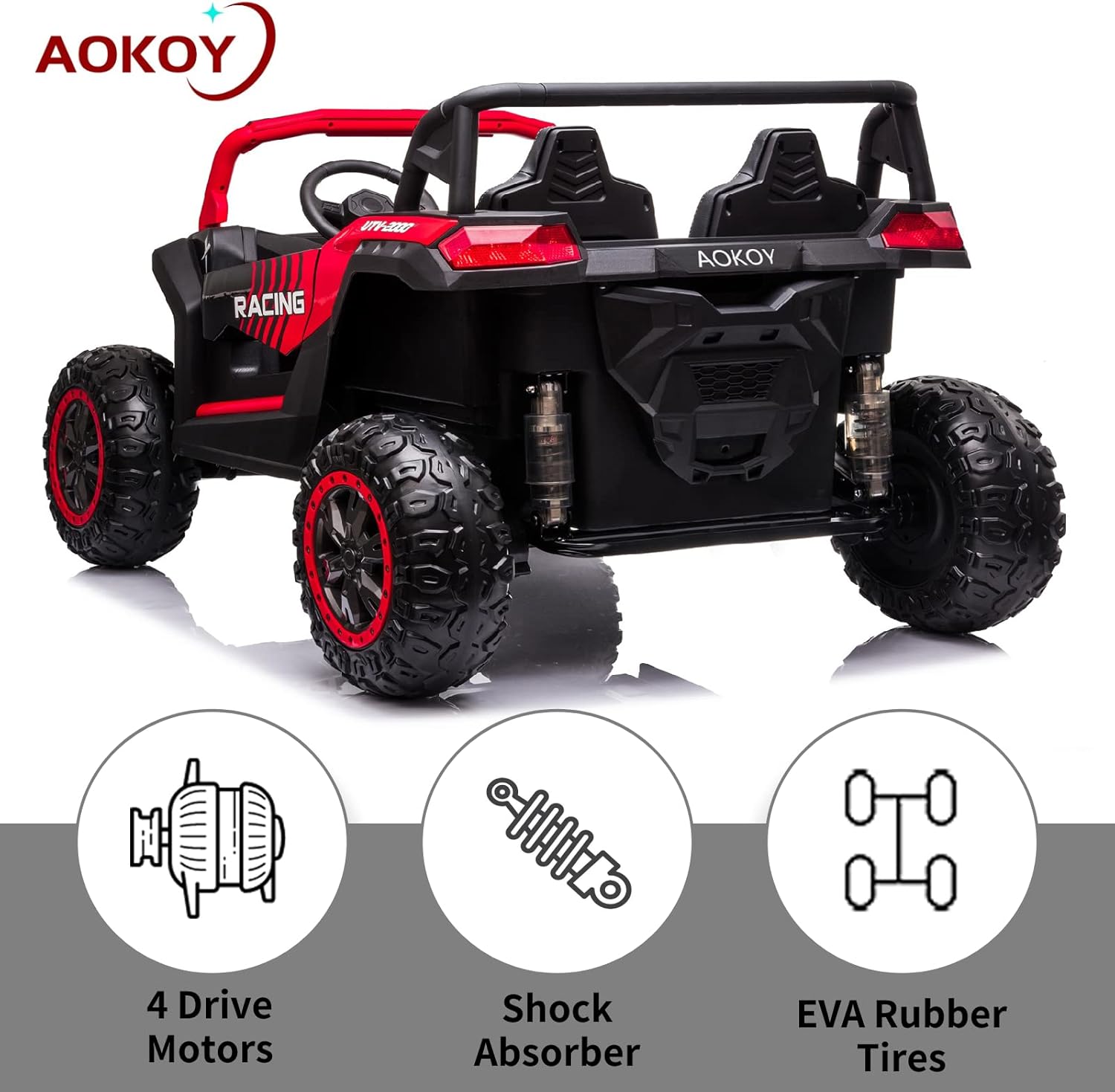 AOKOY 24V Ride On Car with Remote Control for Kids 2 Seater Battery Powered UTV 4 Wheels Drive Electric Vehicle for Boys Girls with 3 Speeds Music LED Headlights & Openable Doors, Red : Toys & Games