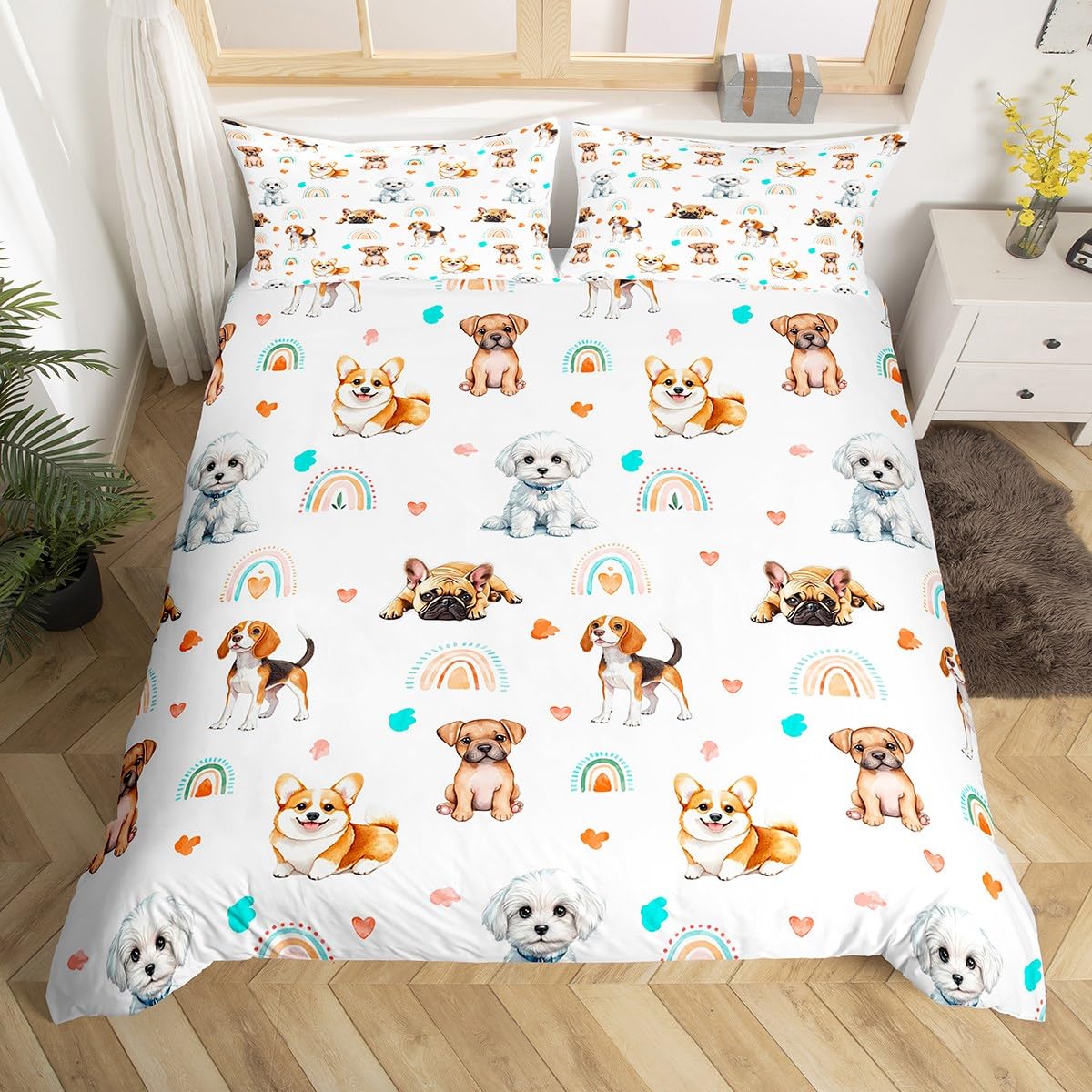 Homemissing Cute Puppy Dog Duvet Cover Set Single Size For Kids Boys Girls Teens Sausage dog Bedding Set Pet Animals Duvet Cover with 1 Pillowcase Animal Rainbow Print Bed Sets - Image 3