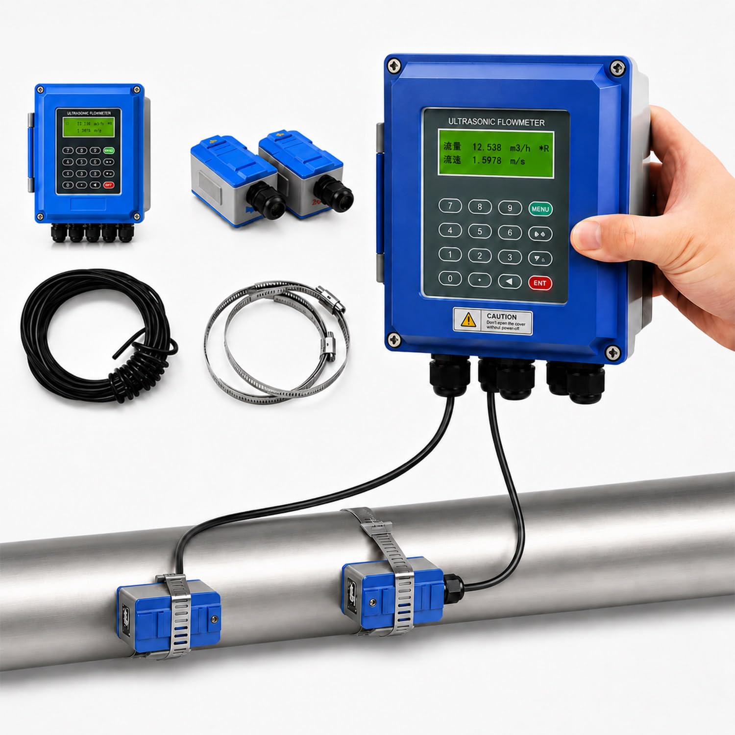 Industriedurchflussmesser, Flüssigkeit Durchflussmesser, Clamp-on-Montage, Messgenauigkeit ±1%, Bidirektionale Messung, Mit LCD-Display, Für Wasser, Meerwasser, Abwasser, öl, Alkohol TL