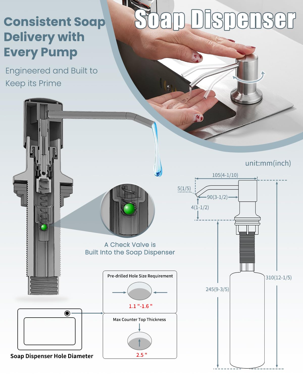 Grifo de cocina con dispensador de jabón, grifo de cocina LED, grifo para fregadero de cocina, grifo de fregadero de acero inoxidable de una sola manija para cámper, casa de campo, RV con