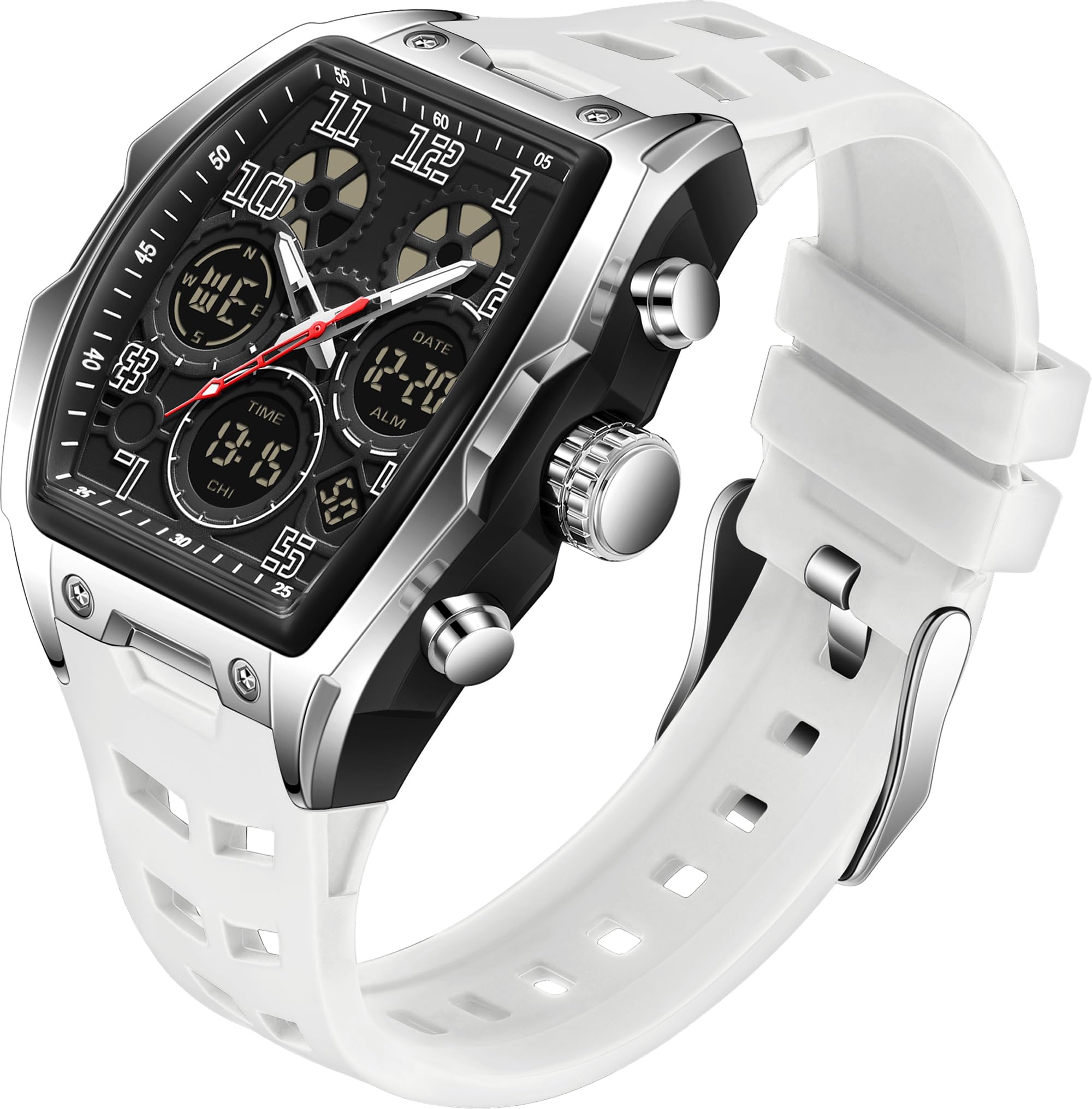 findtime Reloj digital analógico para hombre, cuadrado, único, deportivo, militar, táctico, resistente al agua, con cronómetro, alarma, cuenta regresiva, calendario luminoso, pantalla curvada