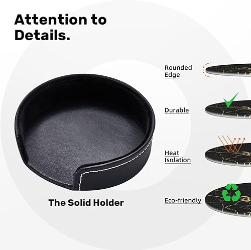 Miniatura 9 de Drink Coasters Set of 6, Black Gold Marble Printed PU Leather Round Coaster with Holder for Outdoor, Office, Bar, Funny Heat-Resistant Home Desk