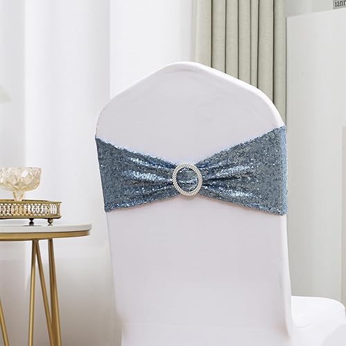 Miniatura 4 de Paquete de 50 bandas de lentejuelas color azul polvoriento para sillas de boda, lazos para fiestas, banquetes, cumpleaños, eventos al aire libre,