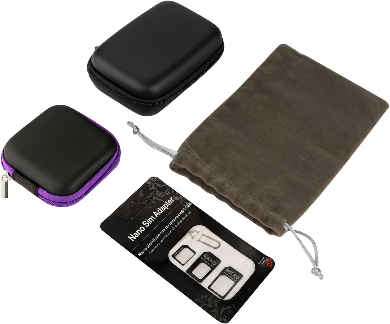 Earbuds Carrying Case Headphones Storage Box for MP3 Headset Earphones and Small Electronics with Smooth Zipper (2 Cases - 2 Different Sizes), Mobile Pouch and Nano Sim Adapter