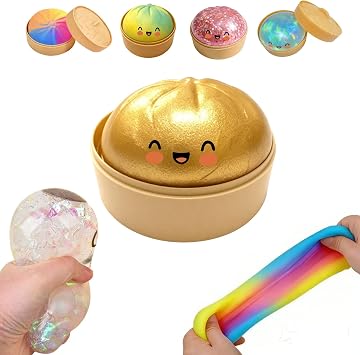 Giant Glitter Dumpling - Rainbowe Giant Squishy Dumpling Stress Toy, Cute Rainbow Dumplings Buns Bao With Steamer Box,Squishy Balls, Stress Relief Squishy Dumplings Toy Glod