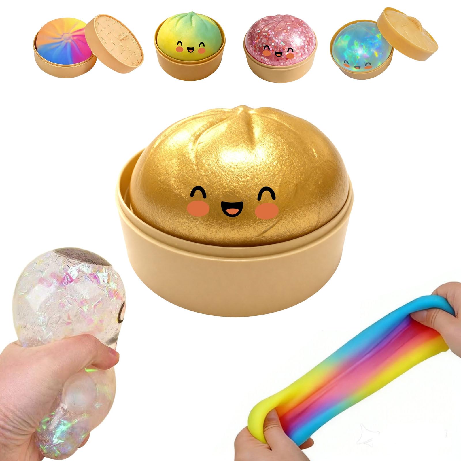 Giant Glitter Dumpling - Rainbowe Giant Squishy Dumpling Stress Toy, Cute Rainbow Dumplings Buns Bao With Steamer Box,Squishy Balls, Stress Relief Squishy Dumplings Toy (Glod) — image 1